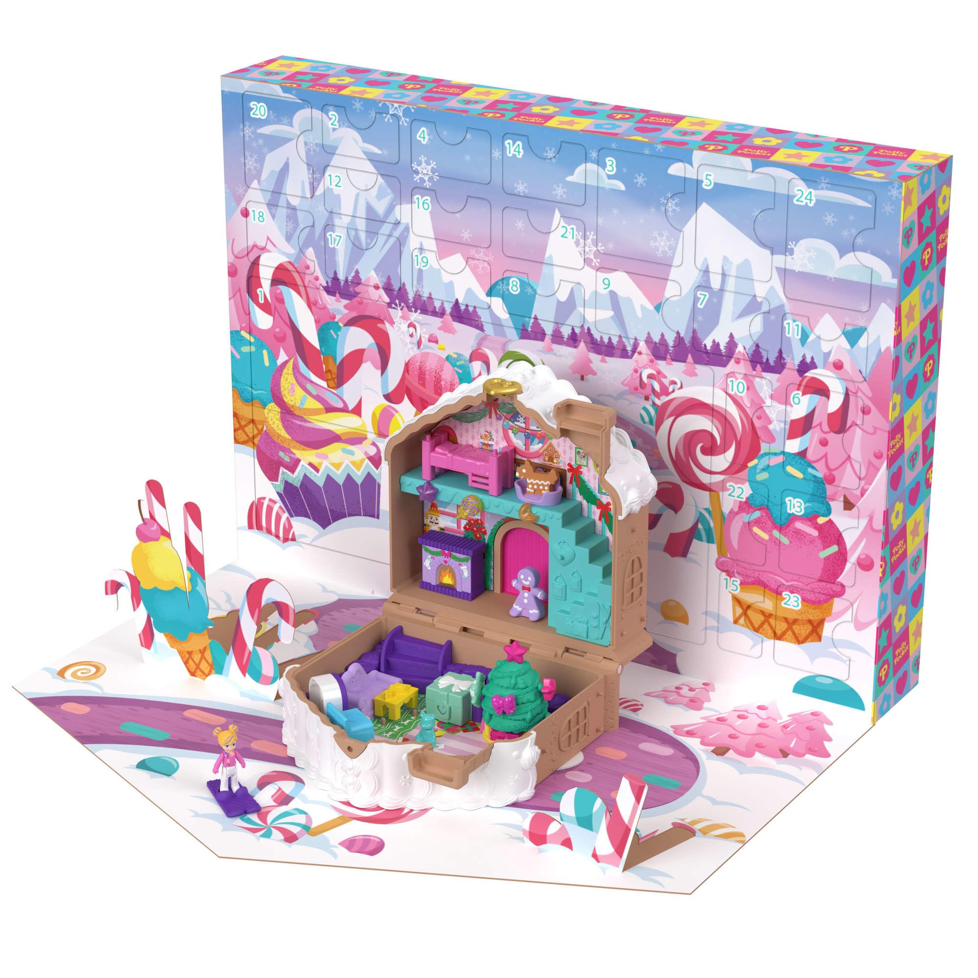 Polly Pocket Adventskalender mit Polly Pocket Puppe, Lebkuchenhaus-Spielset zum Selbermachen mit 24 Überraschungen, Puppenhausmöbeln und Weihnachtszubehör, JFV13 Angebot bei HelloDeals