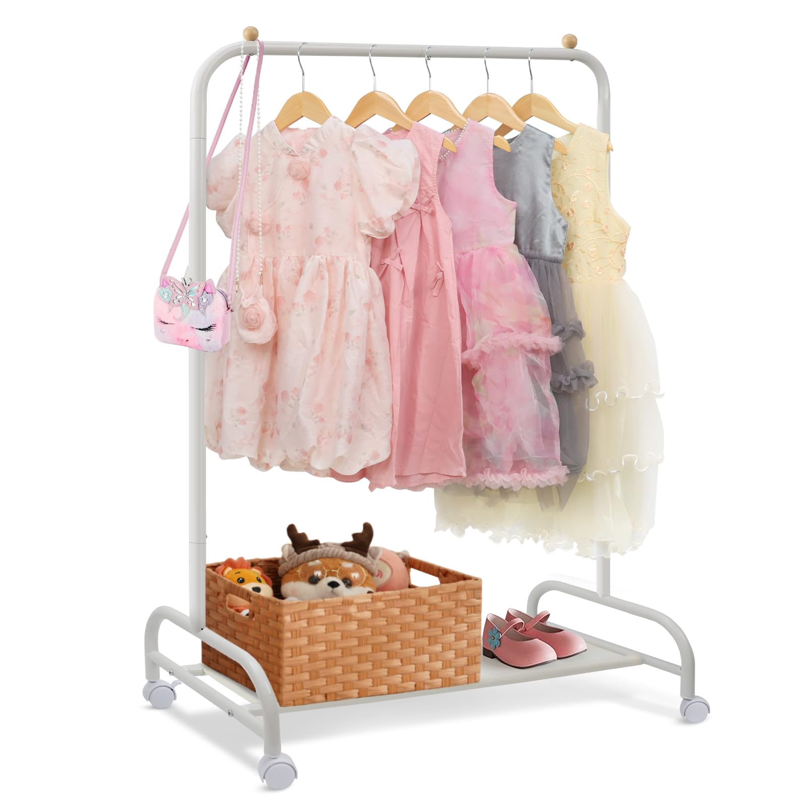 YGJT Kleiderständer kinder, Kleiderständer auf Rollen Garderobenständer, fahrbarer klein kleiderständer metall, kleiderständer stabil mit unterem Gestell Schuhregal für Mäntel, Röcke, Kostüme, Weiß Casual Angebot bei HelloDeals