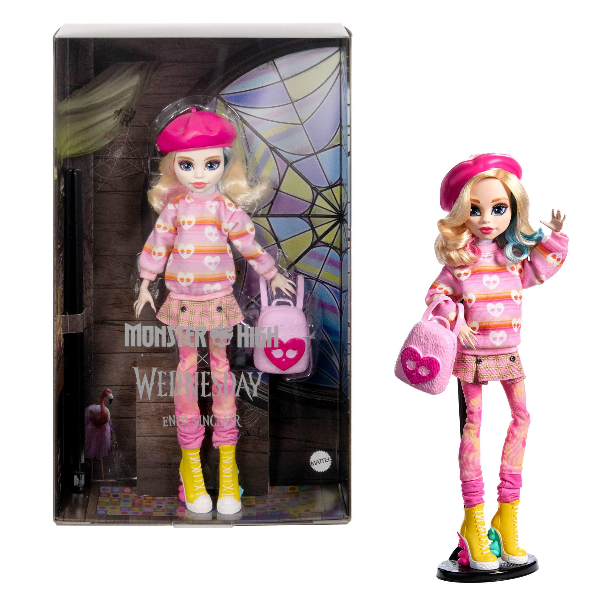 Monster High Wednesday Puppe und Accessoires, Enid Sinclair Sammelfigur in pink mit Baskenmütze und Rucksack, Puppenständer, HXJ05 Angebot bei HelloDeals