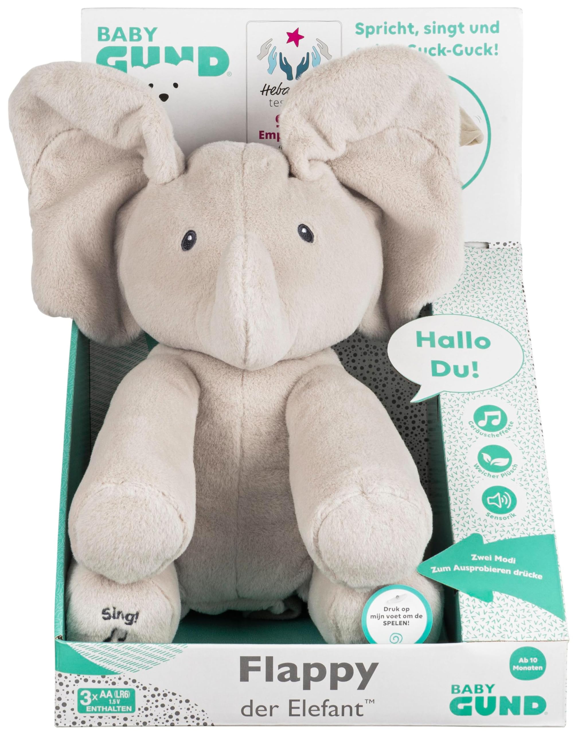 GUND Flappy, der singende und sprechende Elefant spielt Guck-Guck mit den Ohren - deutsch, ca. 30 cm, ab 10 Monaten Angebot bei HelloDeals
