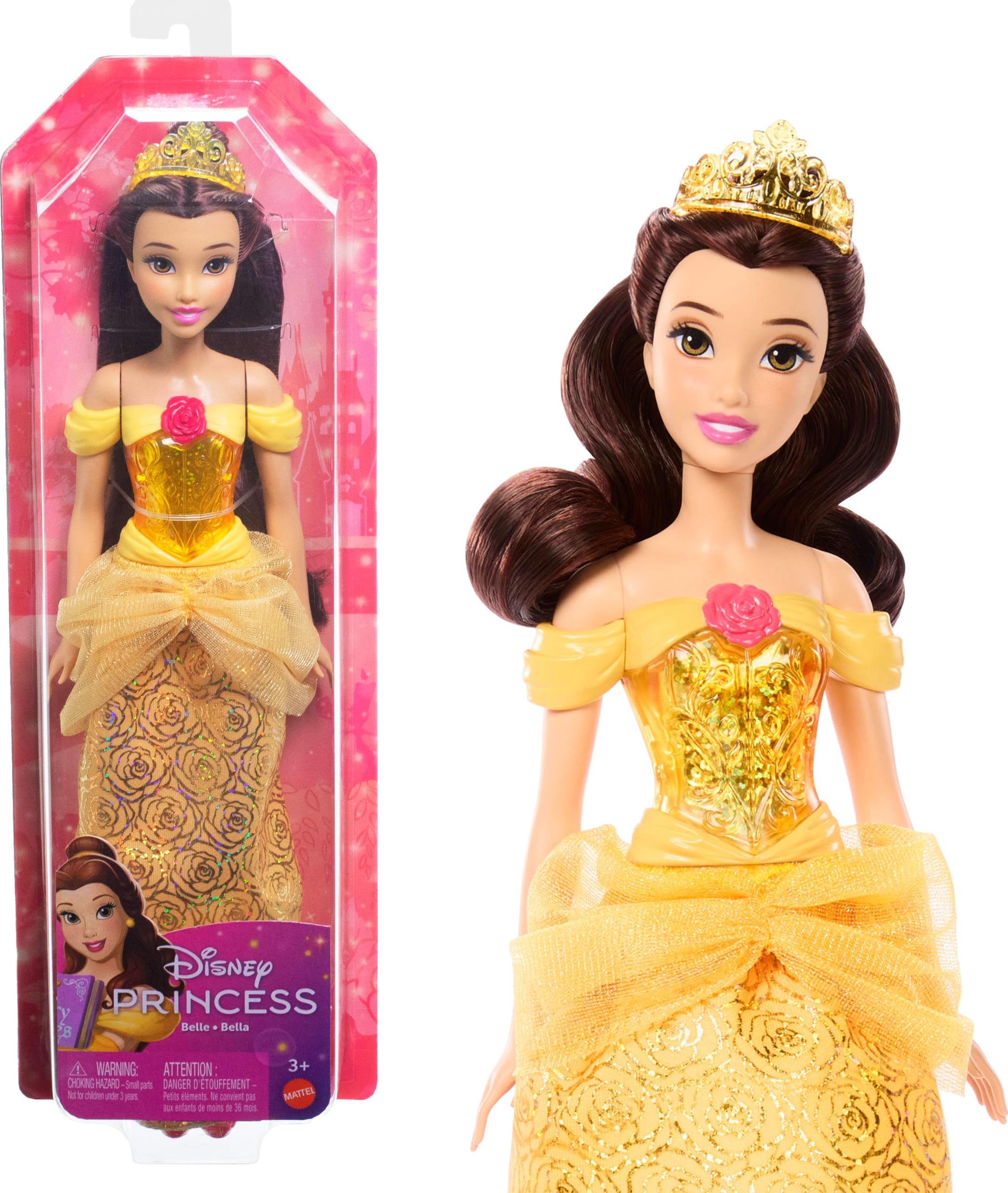 Mattel Disney Prinzessin-Spielzeug, bewegliche Belle-Modepuppe mit glitzernder Kleidung und Accessoires, inspiriert vom Disney-Film, Geschenk für Kinder, HLW11 Angebot bei HelloDeals