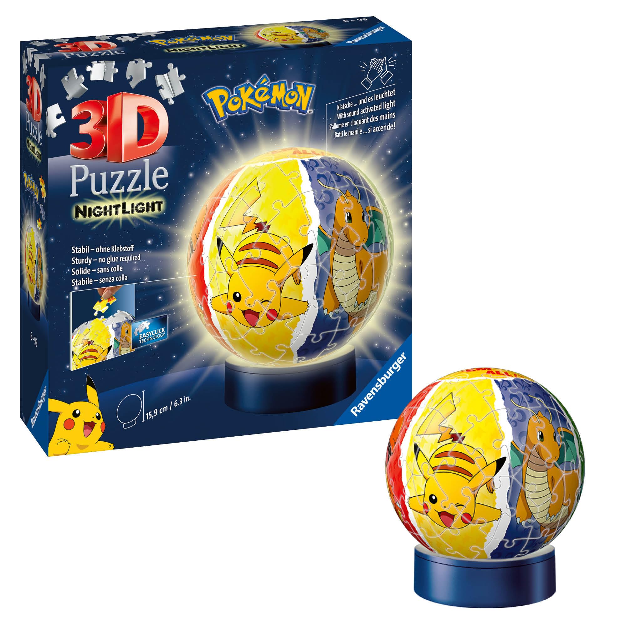 Ravensburger 3D Puzzle 11547 - Nachtlicht Puzzle-Ball Pokémon - für Pokémon Fans ab 6 Jahren, LED Nachttischlampe mit Klatsch-Schalter 3D Nachtlicht Puzzleball Pokémon Single Angebot bei HelloDeals