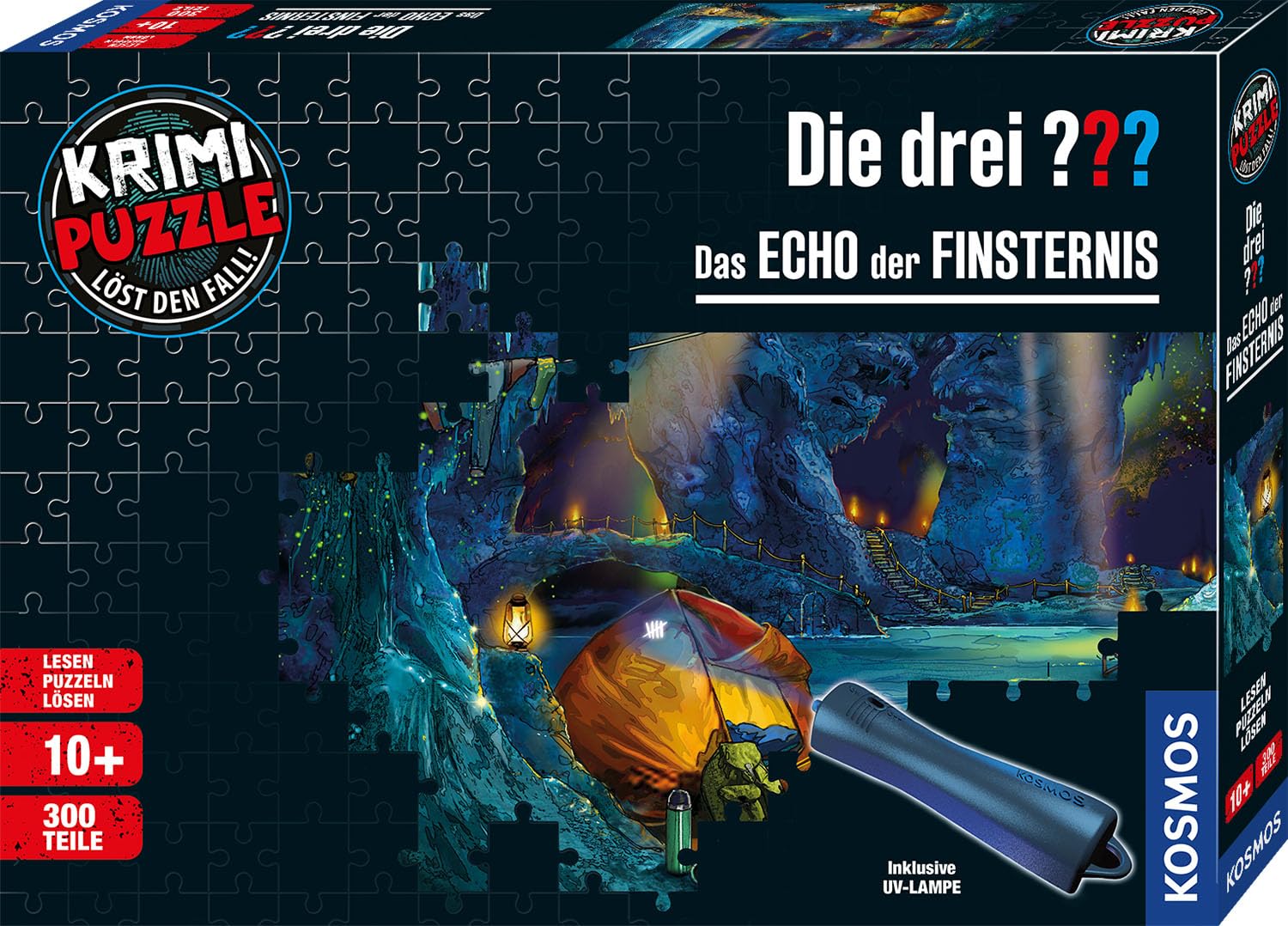 Die drei ??? - Krimi Puzzle - Das Echo der Finsternis von KOSMOS 684464, 300 Teile, Leuchtet im UV-Licht, mit UV-Lampe, Lesen, Puzzeln, Rätsel lösen, Detektiv Puzzle ab 10 Jahre Angebot bei HelloDeals