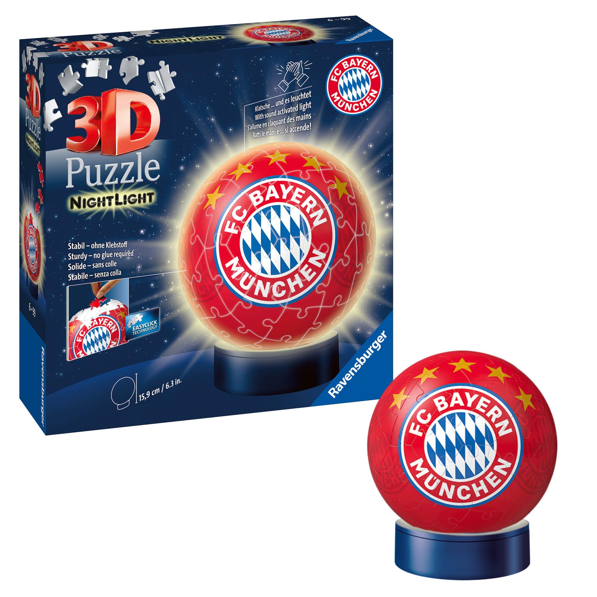 Ravensburger 3D Puzzle 12177 - Nachtlicht Puzzle-Ball FC Bayern München - ab 6 Jahren, LED Nachttischlampe mit Klatsch-Schalter Single Angebot bei HelloDeals