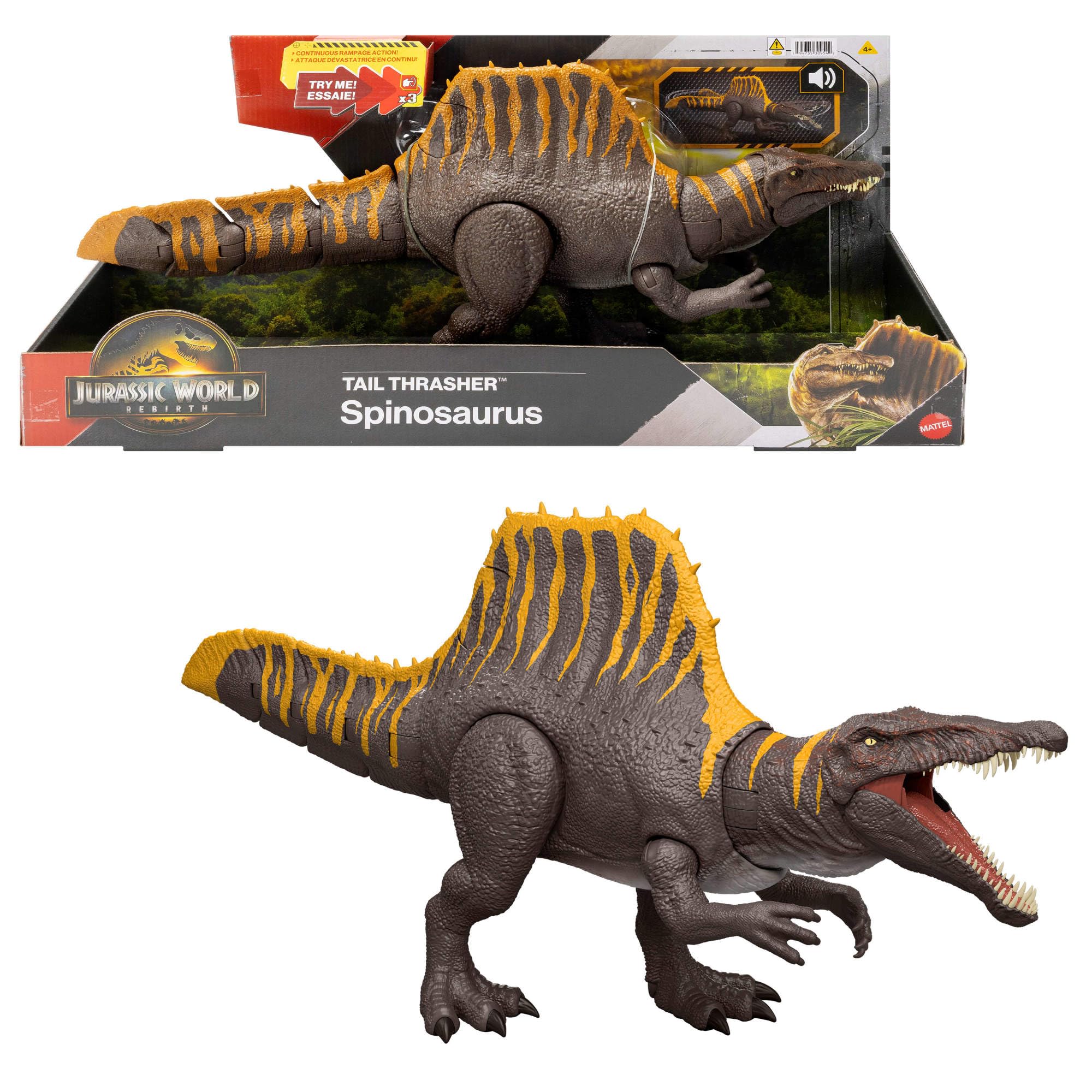 Mattel Jurassic World: Die Wiedergeburt Dinosaurierspielzeug, Tail Thrasher Spinosaurus-Actionfigur mit 2 Angriffsbewegungen, filmgetreues und bewegliches Design, digitaler Spielspaß, JGB57 Angebot bei HelloDeals