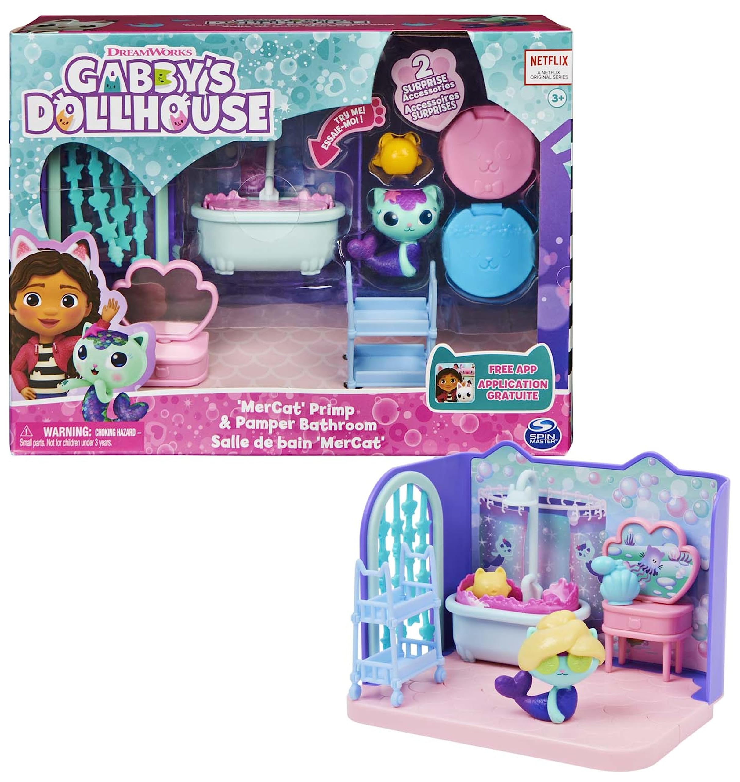 Gabby‘s Dollhouse Deluxe-Raum, Primp and Pamper Bathroom, Badezimmer mit MerCat-Figur und 3 Zubehörteilen, 3 Möbelstücken und 2 Überraschungsboxen, geeignet für Kinder ab 3 Jahren Angebot bei HelloDeals