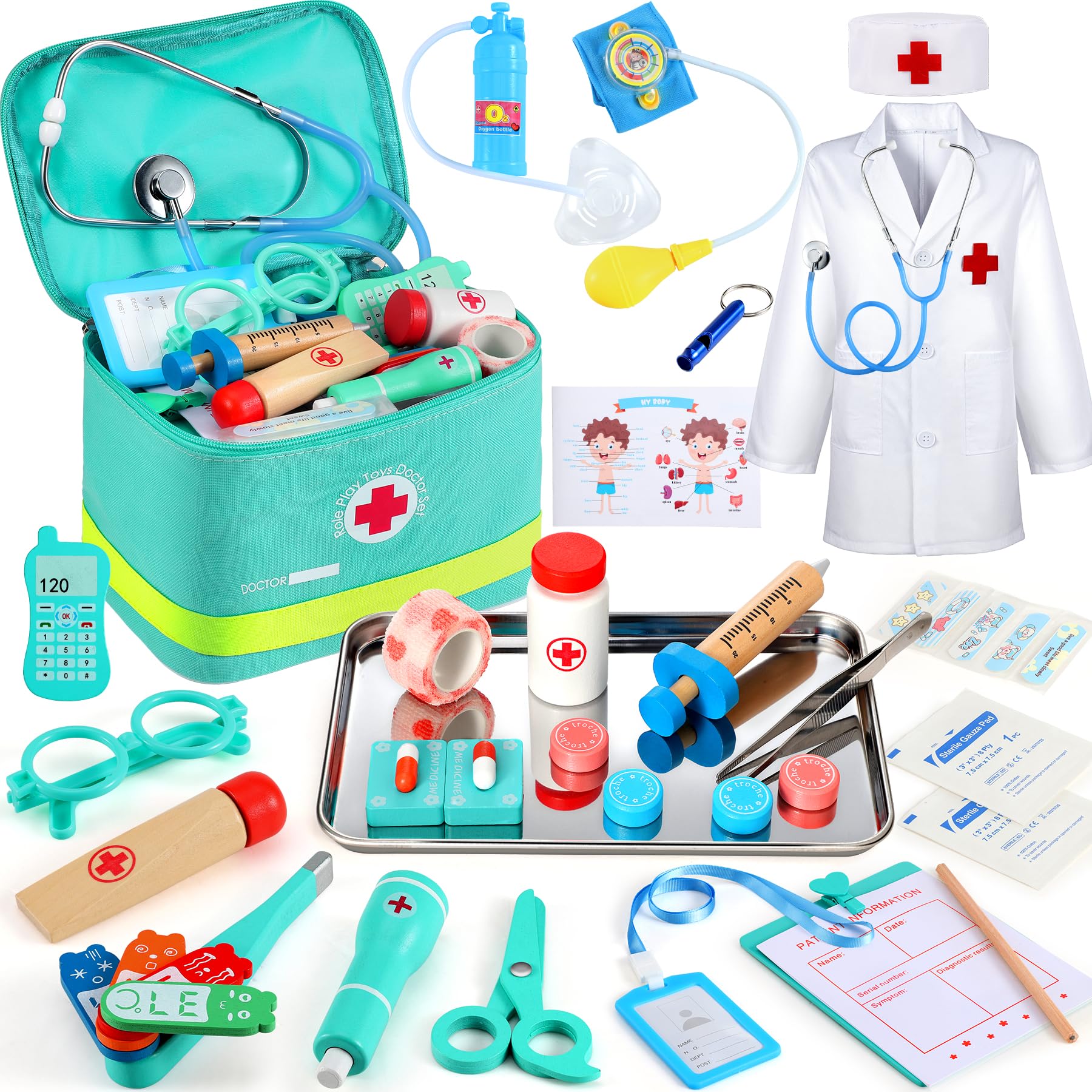 Perbabe Arztkoffer Kinder ab 3 Jahre - 39-teiliges Holzspielzeug Doktorkoffer Mit Echtem Stethoskop Role Play Arztkittel Spielzeug 3 Jahre mit Thermometer Tragbarem Beutel Geschenk für ab 3 4 5 6 Blau Angebot bei HelloDeals