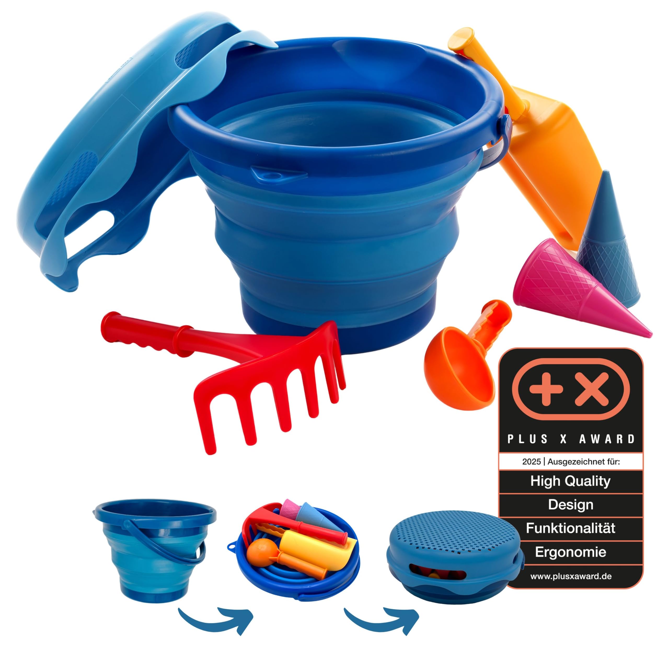 Schildkröt 7in1 Sand Toys Set, innovatives Sand-Spielset im Handtaschenformat, kompakt und platzsparend, Faltbarer 3 Liter Eimer mit 6 Sandspielzeugen zum Graben, Formen, Sieben und Rechen, 970244 Blau Single Angebot bei HelloDeals