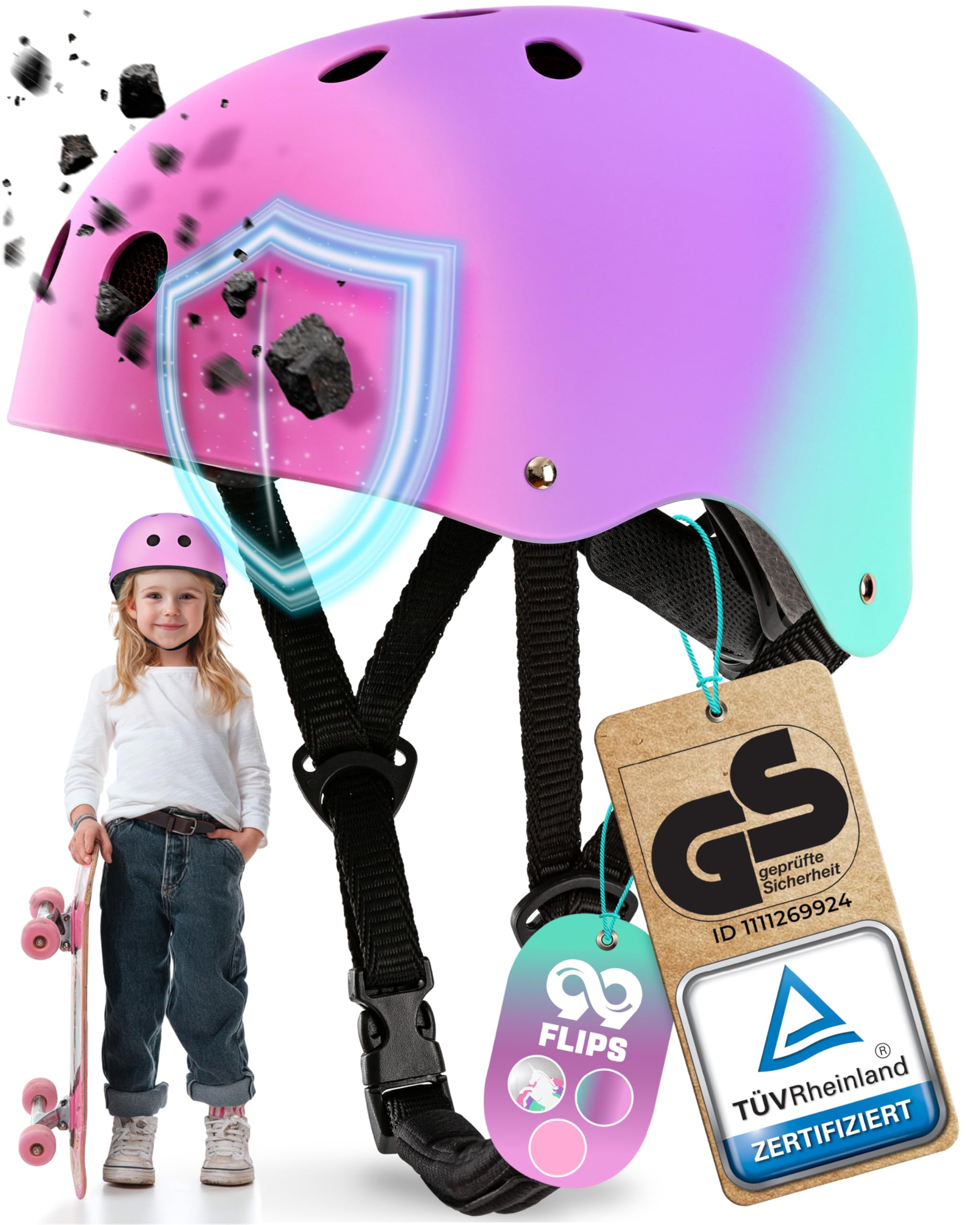 99FLIPS Skaterhelm Kinder & Jugendliche - GS Zertifiziert durch TÜV Rheinland - Ab 3 Jahren - Kinderhelm von Deutscher Marke - Scooter Helm XS - 48-54 cm - Kinder TRICOLOR Angebot bei HelloDeals