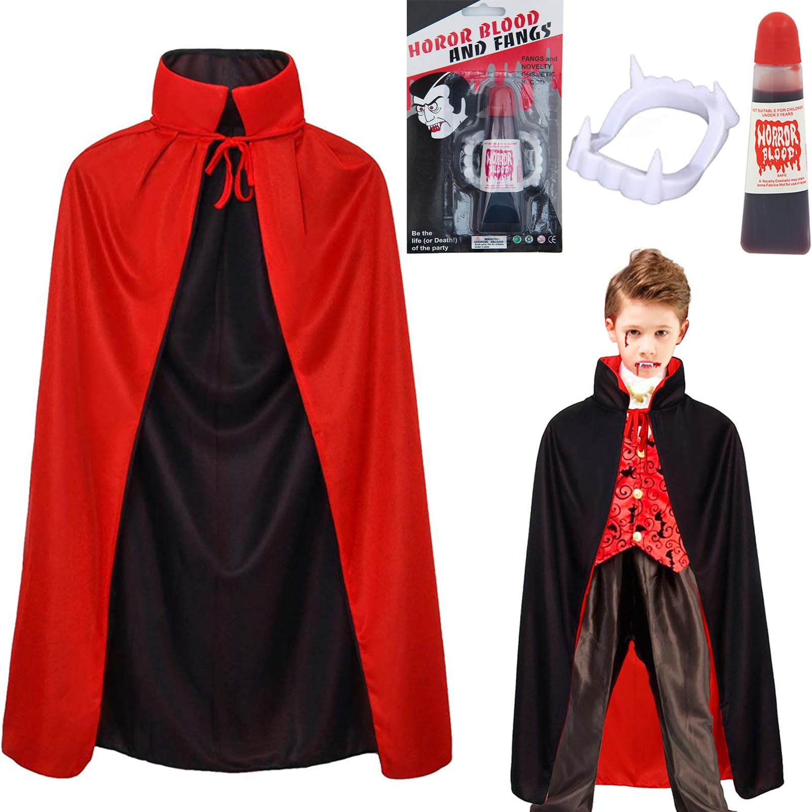 Winwild 3 Stück Vampir Kostüm Kinder Set,90/120/150CM Vampir Umhang Halloween mit Vampirzähne & Kunstblut,5-8 Jahre Halloween Umhang Schwarz Rot Vampire Cape Dracula Kostüm Jungen Mädchen M-120cm Angebot bei HelloDeals