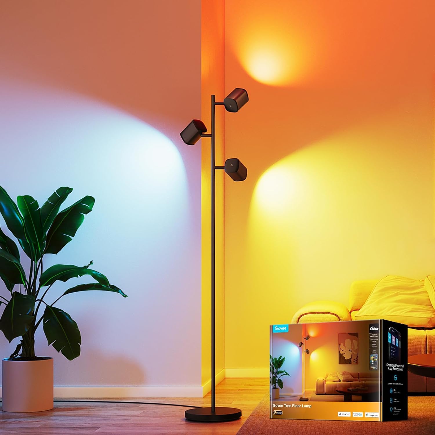Govee 3-Flammen LED Stehlampe, RGBWW Fokus-Verstellbar Stehleuchte, 1500lm, Matter Alexa Kompatibel, 64+ Szenen, Musik Sync, 157cm Stehlampen Schwarz für Wohnzimmer, Schlafzimmer, Lesezimmer Deko Angebot bei HelloDeals