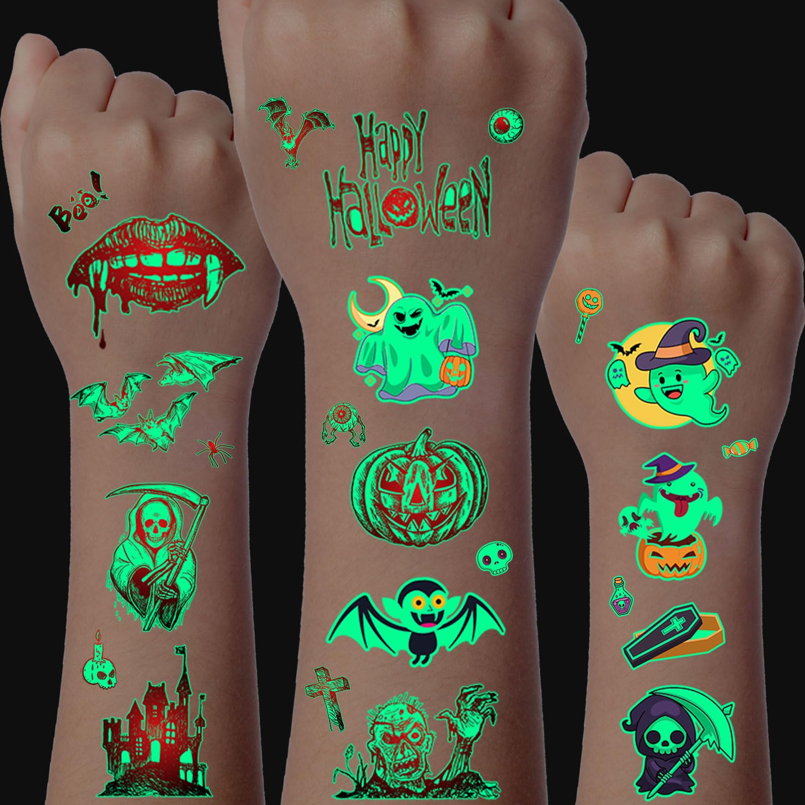 Halloween Tattoos für Kinder, 20 Blätter Leuchtende Tattoos Set, Temporäre Tattoo Halloween,Halloween Party Gefälligkeiten Geisterfest Deko Kinder Angebot bei HelloDeals