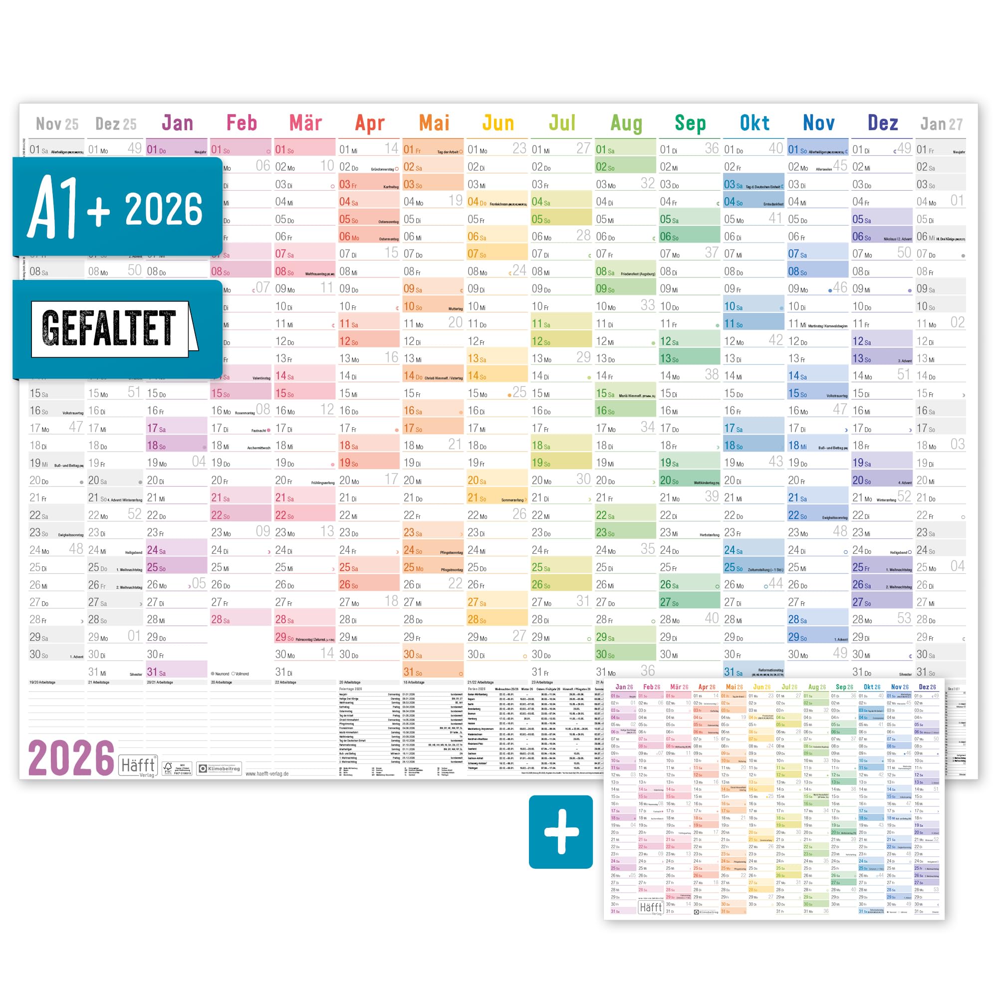 Häfft® XXL Wandkalender 2026 groß A1 + quer (89 x 63 cm), gefalzt, 15 Monate: Nov 2025 - Jan 2027 inkl. A4-Jahresplaner, Wandplaner "Rainbow" - nachhaltig & klimafreundlich Angebot bei HelloDeals