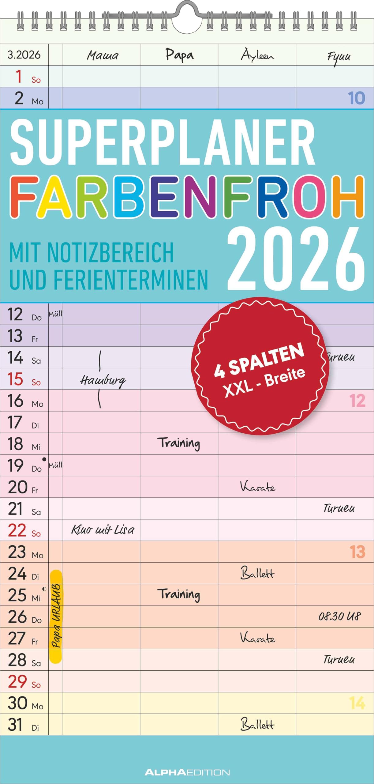 Alpha Edition - Superplaner Farbenfroh - 4 Spalten - Familienkalender 2026 – 4 Spalten, 22x45 cm – Bunter Familien-Timer mit Feiertagen (DE/AT/CH/FR/IT) – FSC-zertifiziert Angebot bei HelloDeals