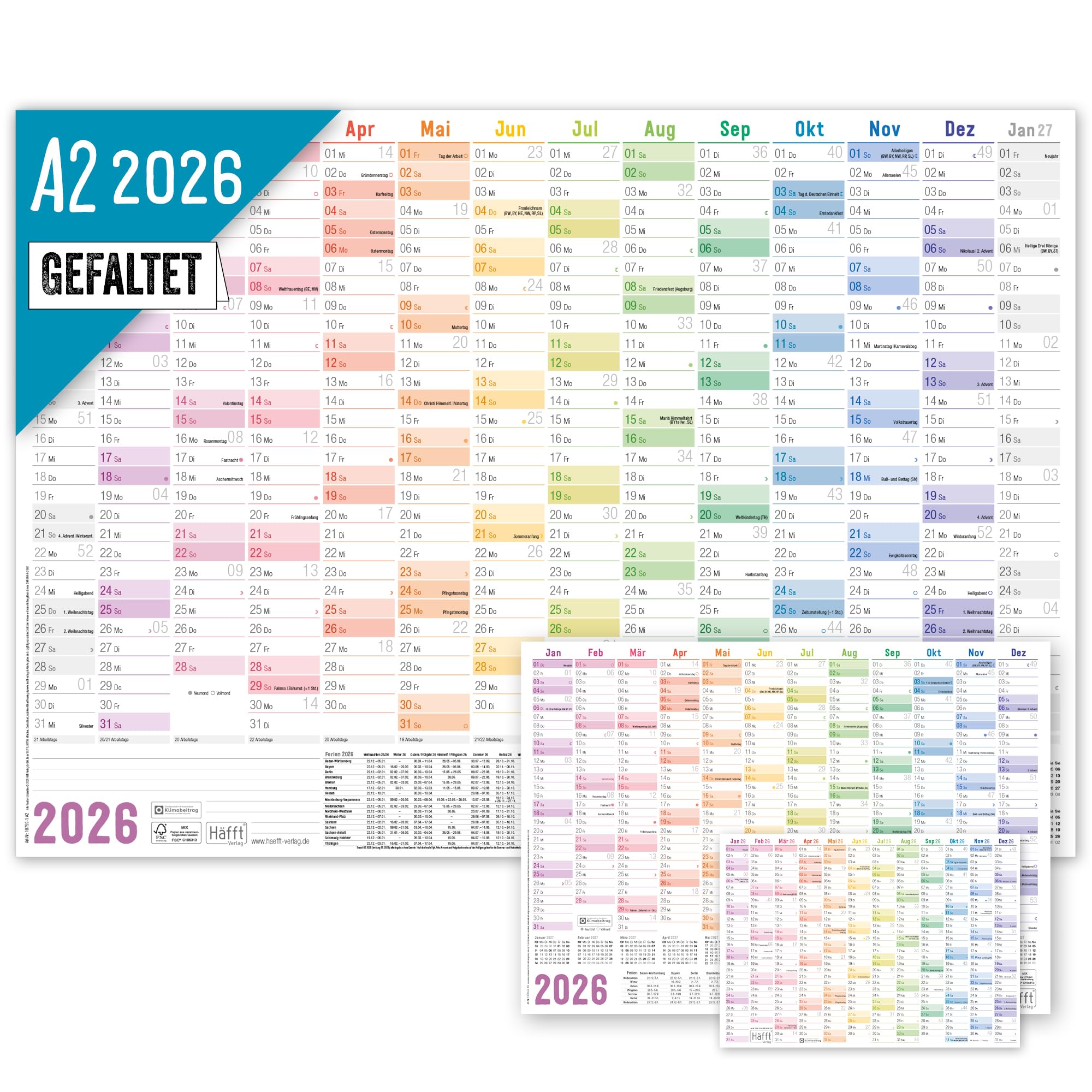 Häfft® Wandkalender 2026 A2 gefalzt (59,4 x 42 cm) "Rainbow" Wandplaner mit Ferien- und Feiertags-Übersicht, inkl. Gratis A3 + A4 Kalender - nachhaltig & klimafreundlich Angebot bei HelloDeals