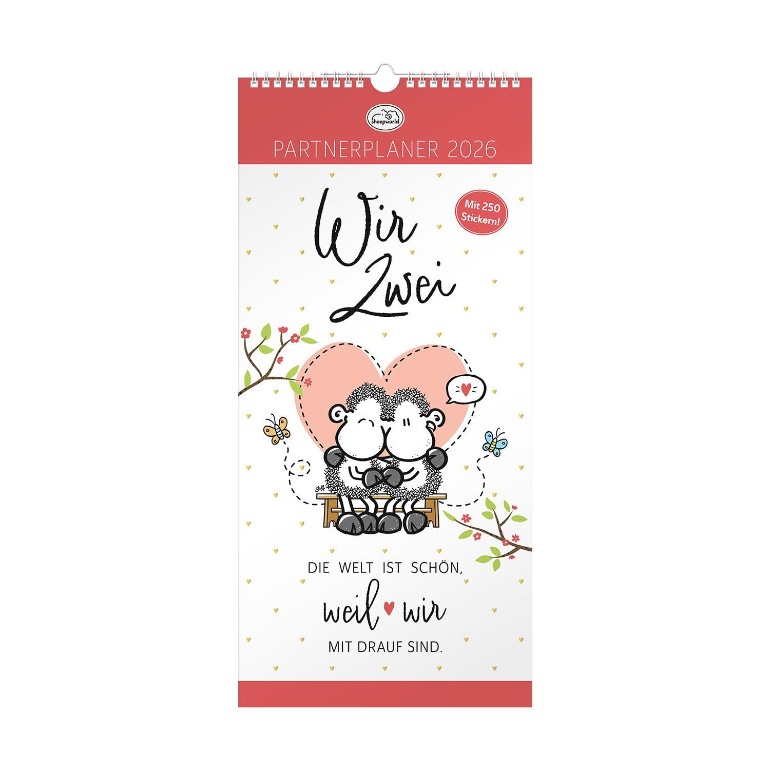 Planer für Zwei 2026: Wandkalender mit zwölf Monatsseiten mit 4 Spalten zum Planen, Spiralbindung, inklusive Stickerbogen mit 250 Aufklebern. Angebot bei HelloDeals