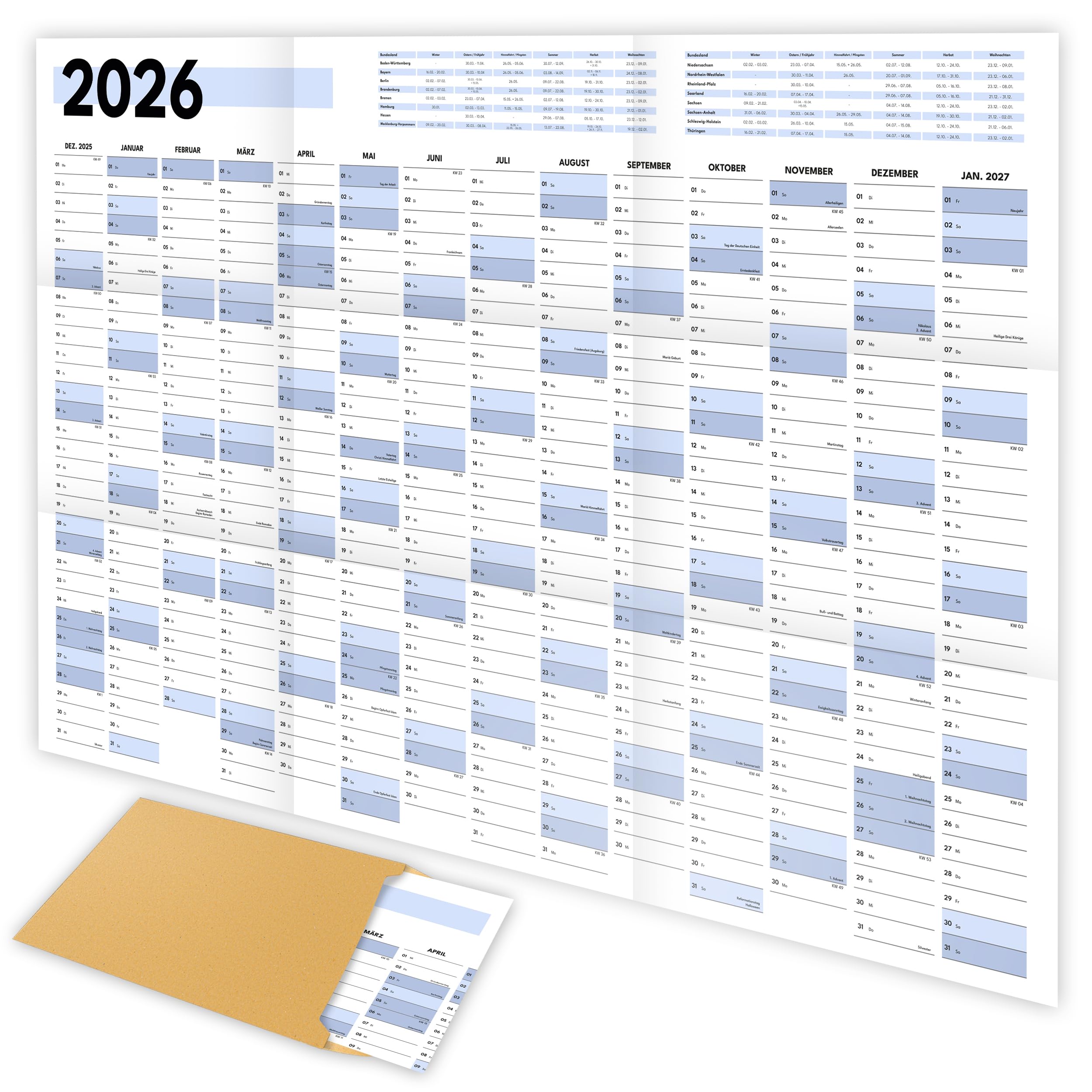 XXL Wandkalender 2026 groß (90x60cm) - Jahresplaner 2026 quer als Kalender für die Wand - Jahreskalender für 14 Monate mit Ferienübersicht - Kalender gefalzt für das Büro Angebot bei HelloDeals