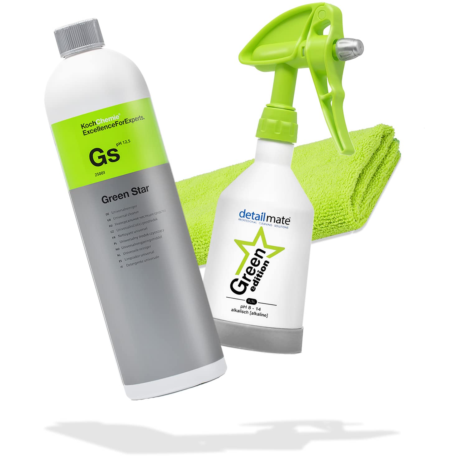 detailmate Green Star Set: Koch Chemie GreenStar Universalreiniger Auto Industrie Werkstatt 1L + KWAZAR Mercury Sprühflasche Green Edition - 0,5l - für ph 8-14 geeignet + Mikorfasertuch + Handschuhe 3-teiliges Set Angebot bei HelloDeals