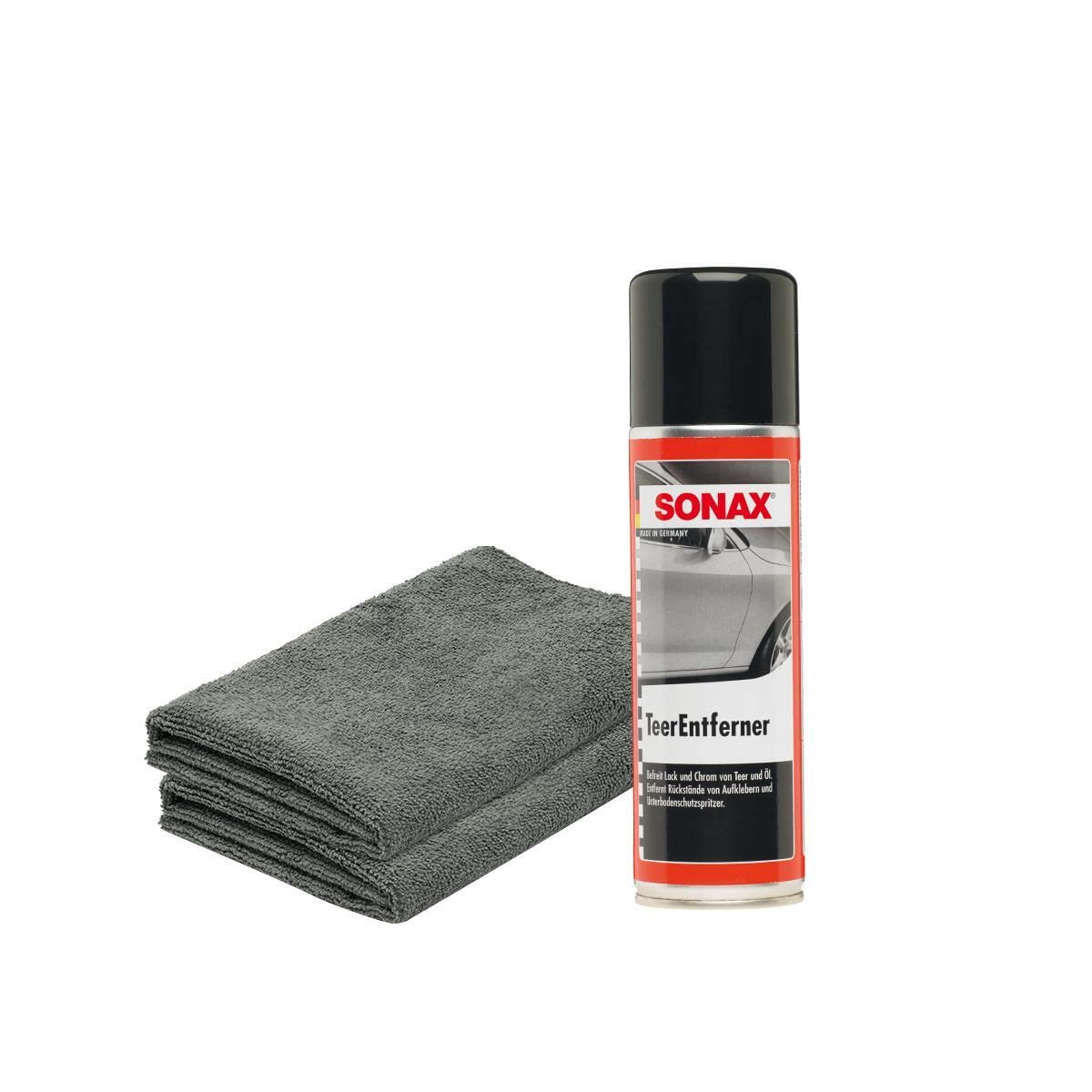 detailmate Bundle - SONAX Teerentferner 0,3L + 2x detailmate Mikrofasertuch 380GSM, 40x40cm - Löst schonend und gründlich Teer-, Ölflecken und andere Verschmutzungen von Lack und Chrom Angebot bei HelloDeals