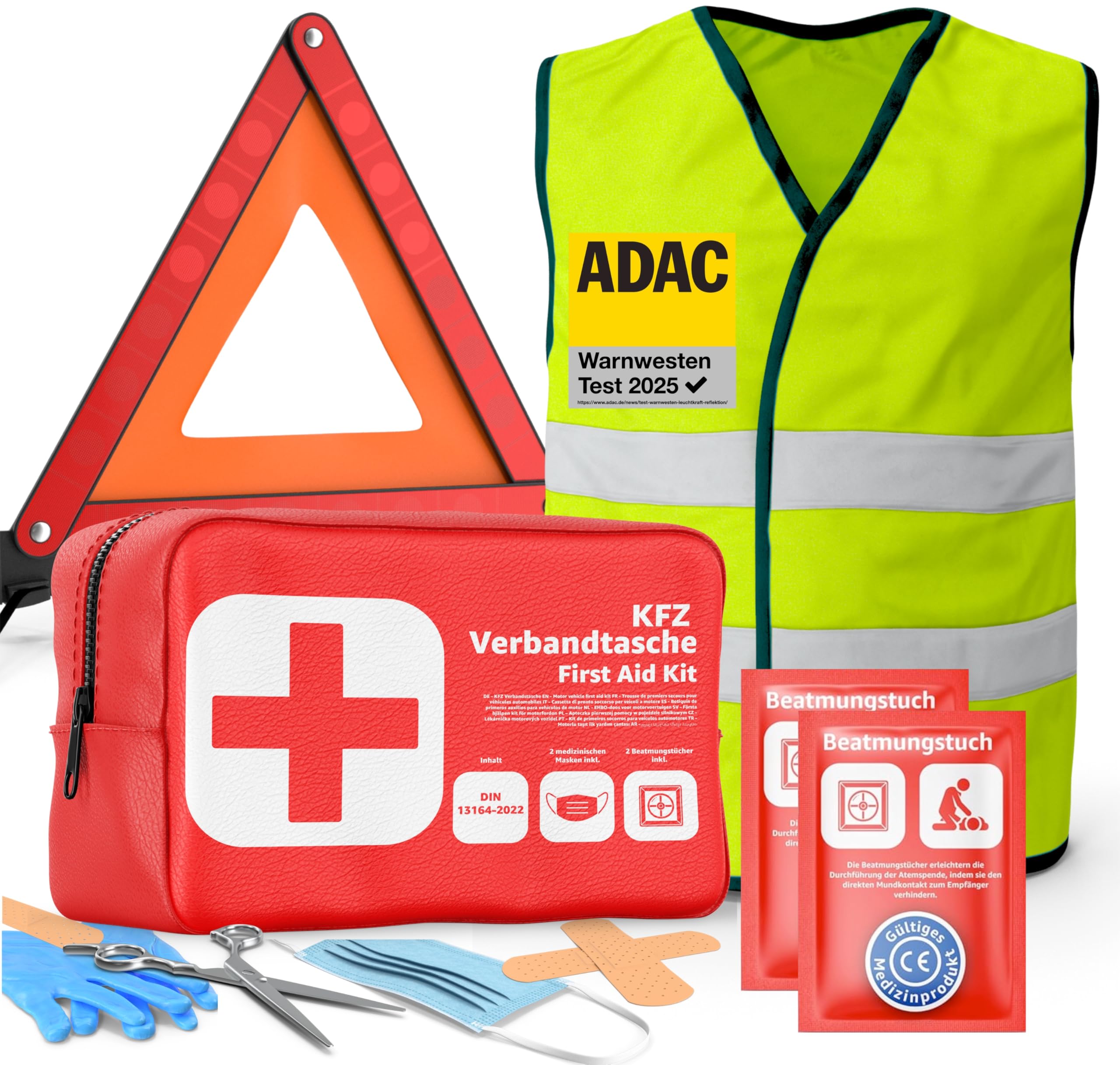 3 in 1 Set Auto Erste Hilfe Kit 2025 - KFZ Verbandskasten, Warnweste & Warndreieck - Pannenset & Unfallzubehör für PKW nach aktueller Norm Angebot bei HelloDeals