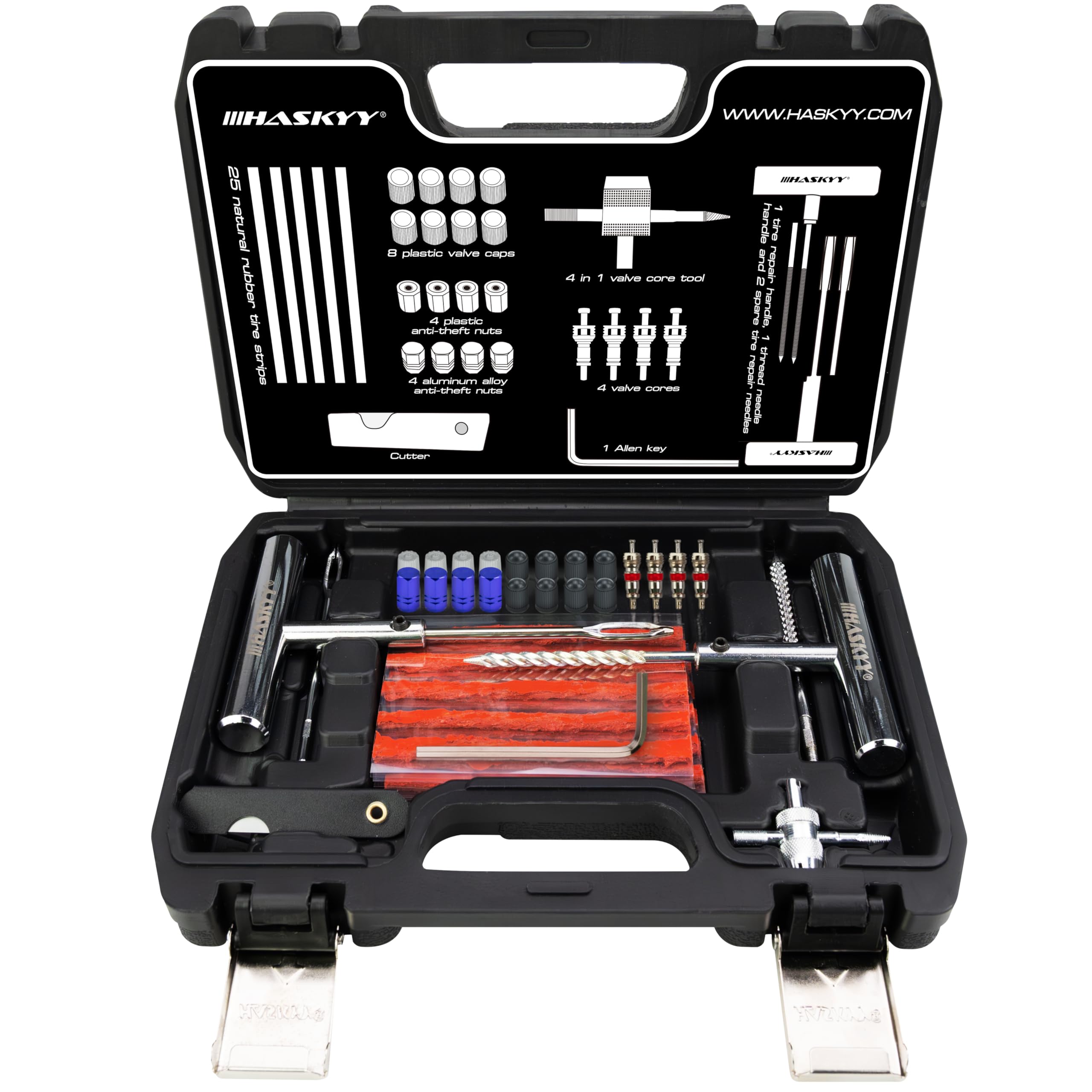 HASKYY Reifenreparaturset Reifenflickzeug Auto Reifen Reparatur Kit 53tlg - All in One Pannenset für Auto, Motorrad, ATV, SUV - Gummistreifen, Ventilwerkzeug, T-Griff & Cutter Angebot bei HelloDeals