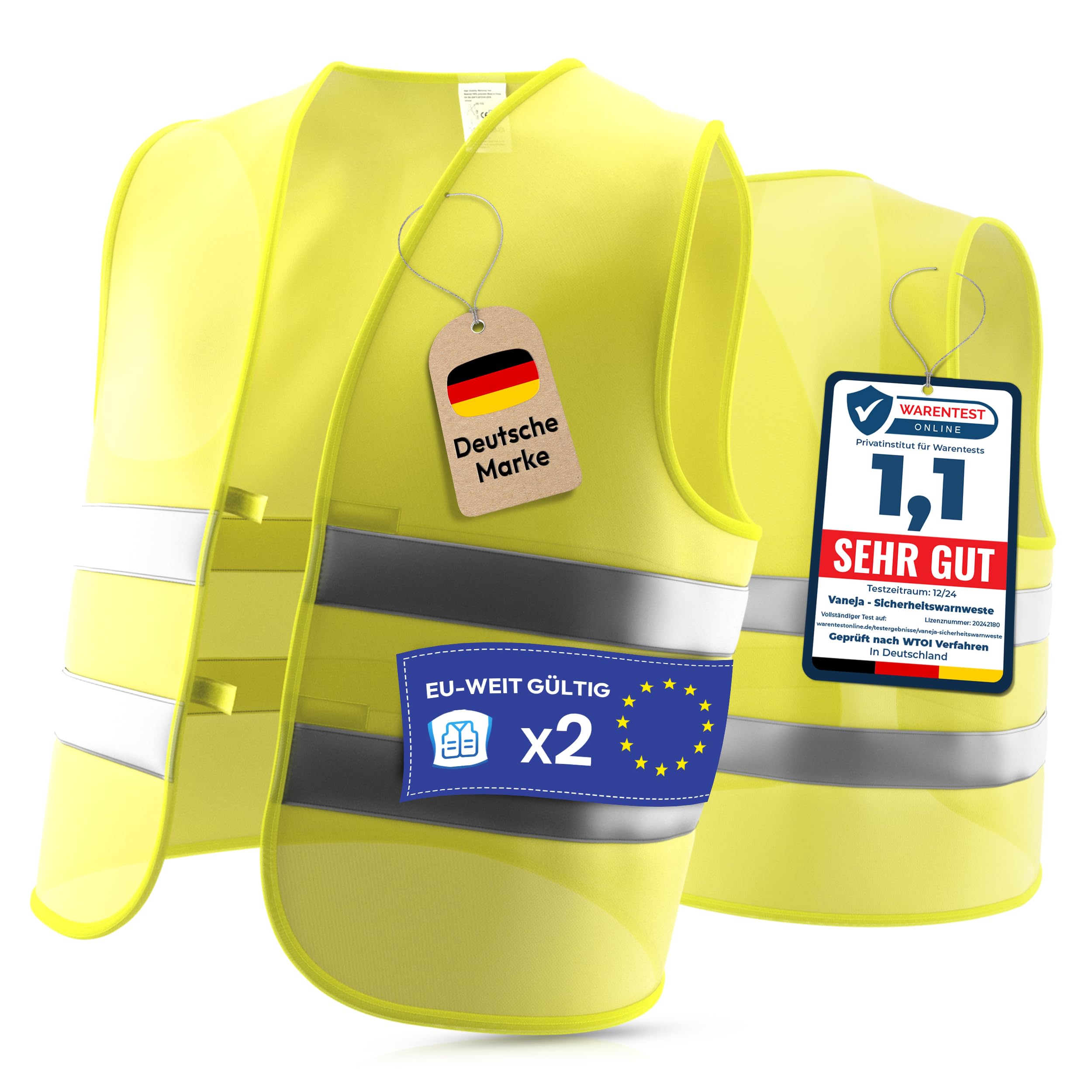 VANEJA Warnwesten Auto 2er Set – Europaweit gültig nach Norm 2025 EN ISO 20471 – Reflektierende Kfz Warnweste – Warnschutzweste für Erwachsene – High Visibility Vest 2 Stück Angebot bei HelloDeals