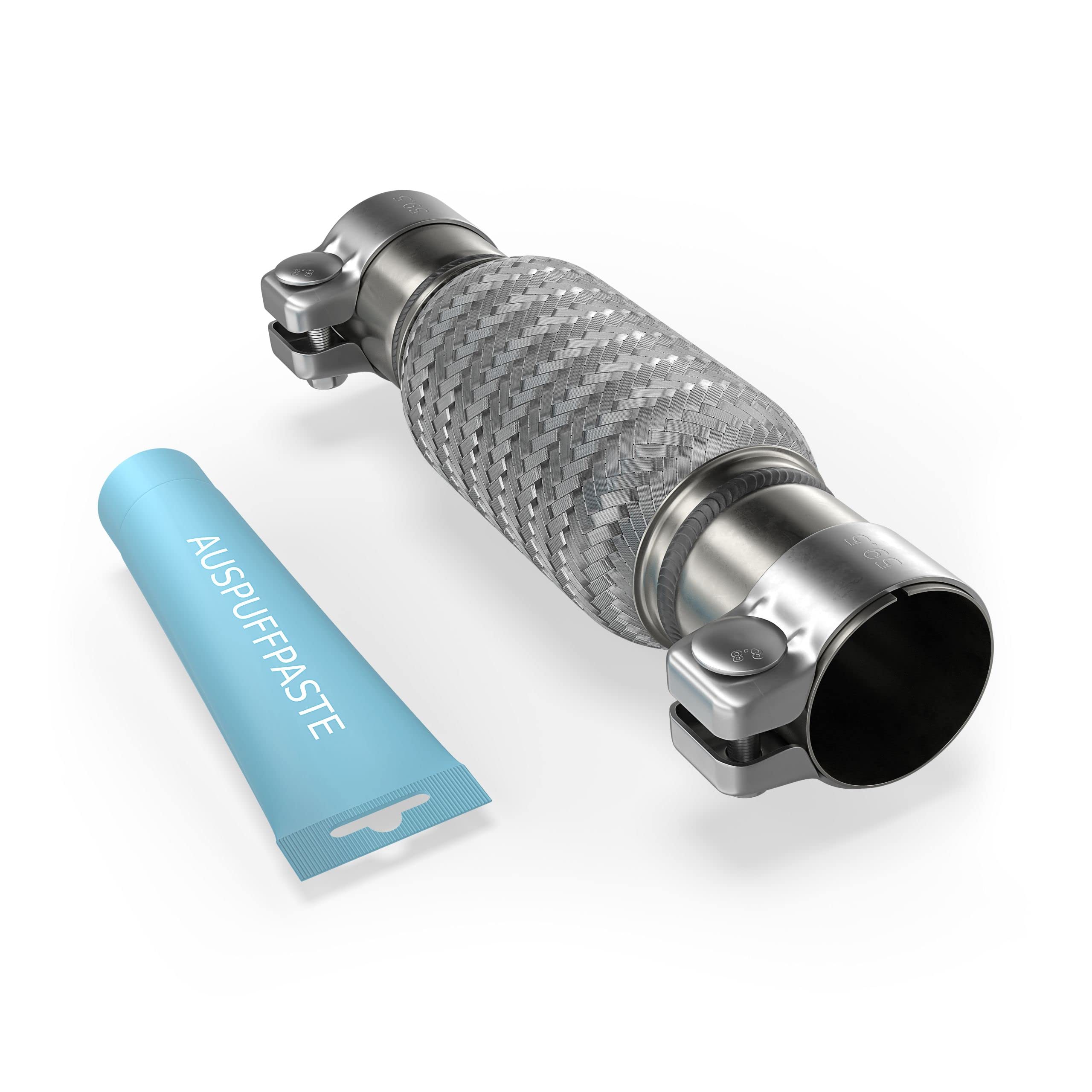 Flexrohr Universal Flexstück Wellrohr Hosenrohr Flexibles Rohr Edelstahl Interlock Ø55 x 150 x 260mm mit 2 Schellen inkl. Auspuff Kitt .Einbau ohne Schweißen Angebot bei HelloDeals