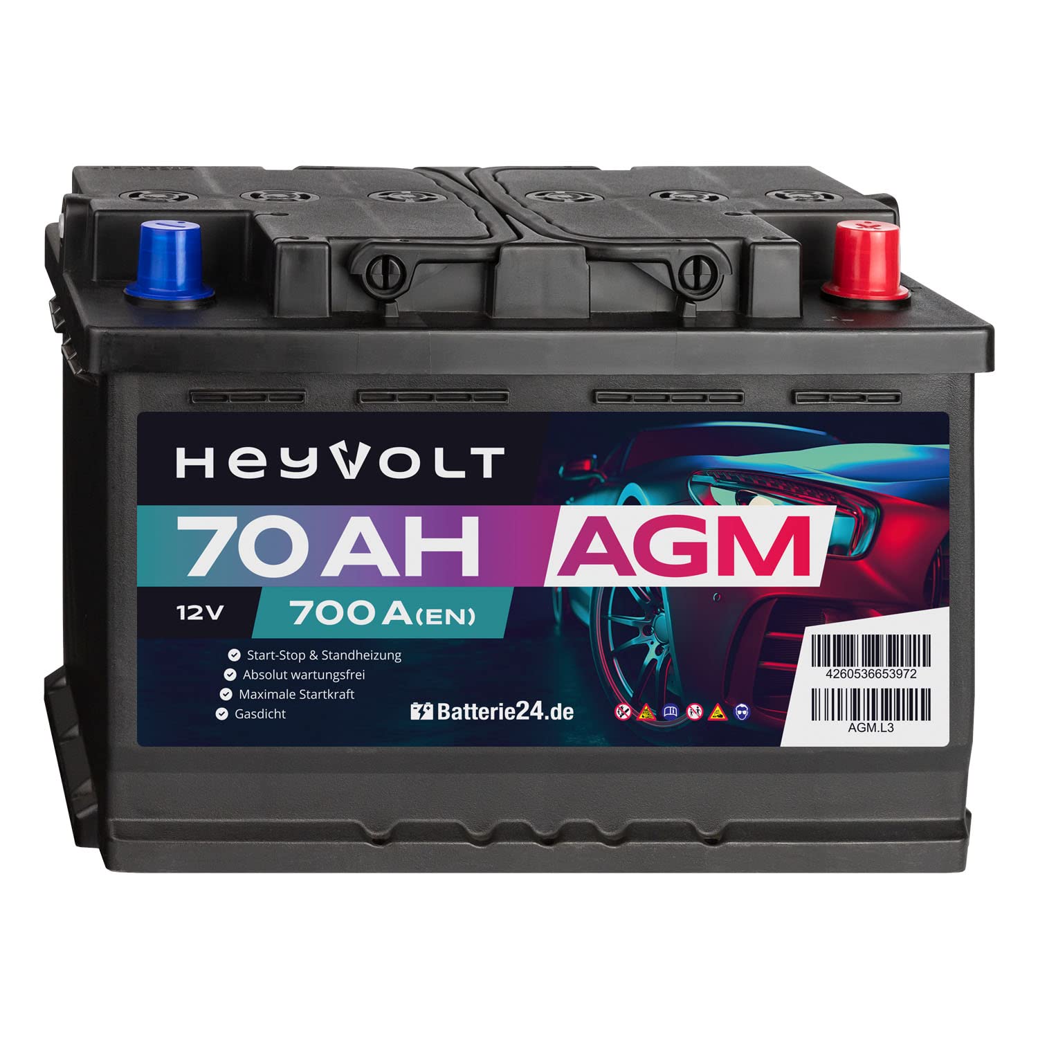 HeyVolt AGM Autobatterie 12V 70Ah 700A/EN Starterbatterie, Start-Stop & Standheizung geeignet, absolut wartungsfrei Angebot bei HelloDeals