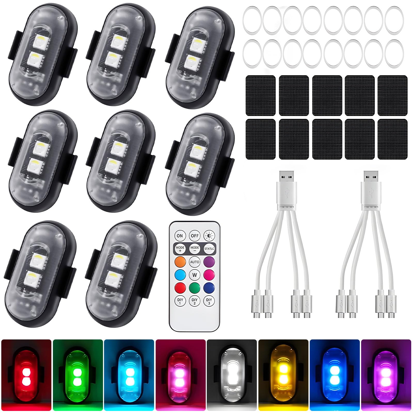 Vautvis 8PCS Kabellose Led Lichter Auto, Ambientebeleuchtung Auto Led Licht USB-Aufladung für Drohne, LKW, Motorrad, Fahrrad Angebot bei HelloDeals
