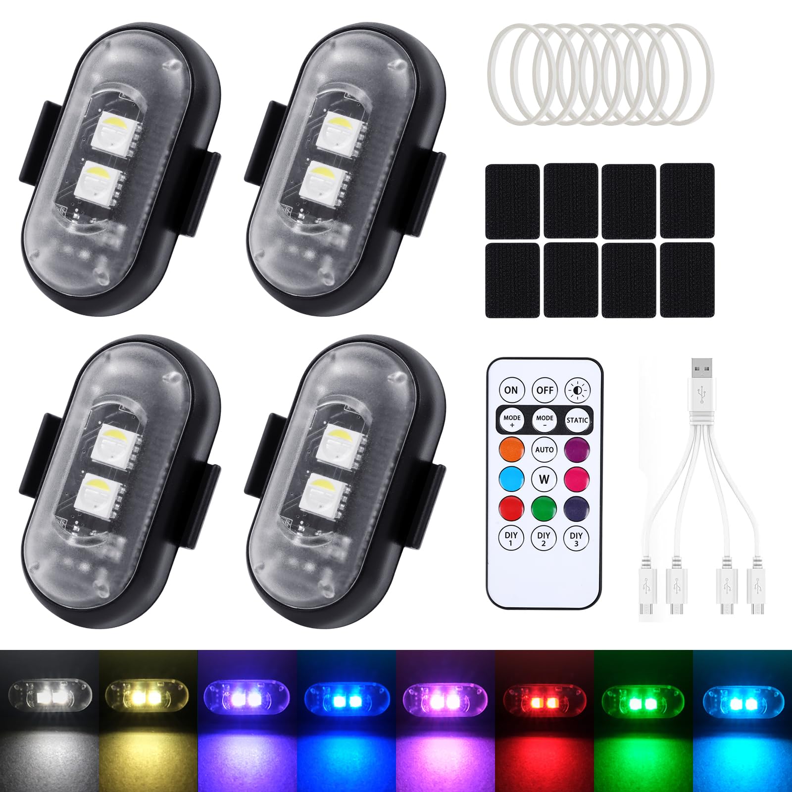 FIVAVA 4 Stück Kabellose LED Lichter Auto,8 Farben LED-Blitzlicht mit Fernbedienung,USB-Aufladung Antikollisionslichter für Auto,Motorrad,LKW Angebot bei HelloDeals