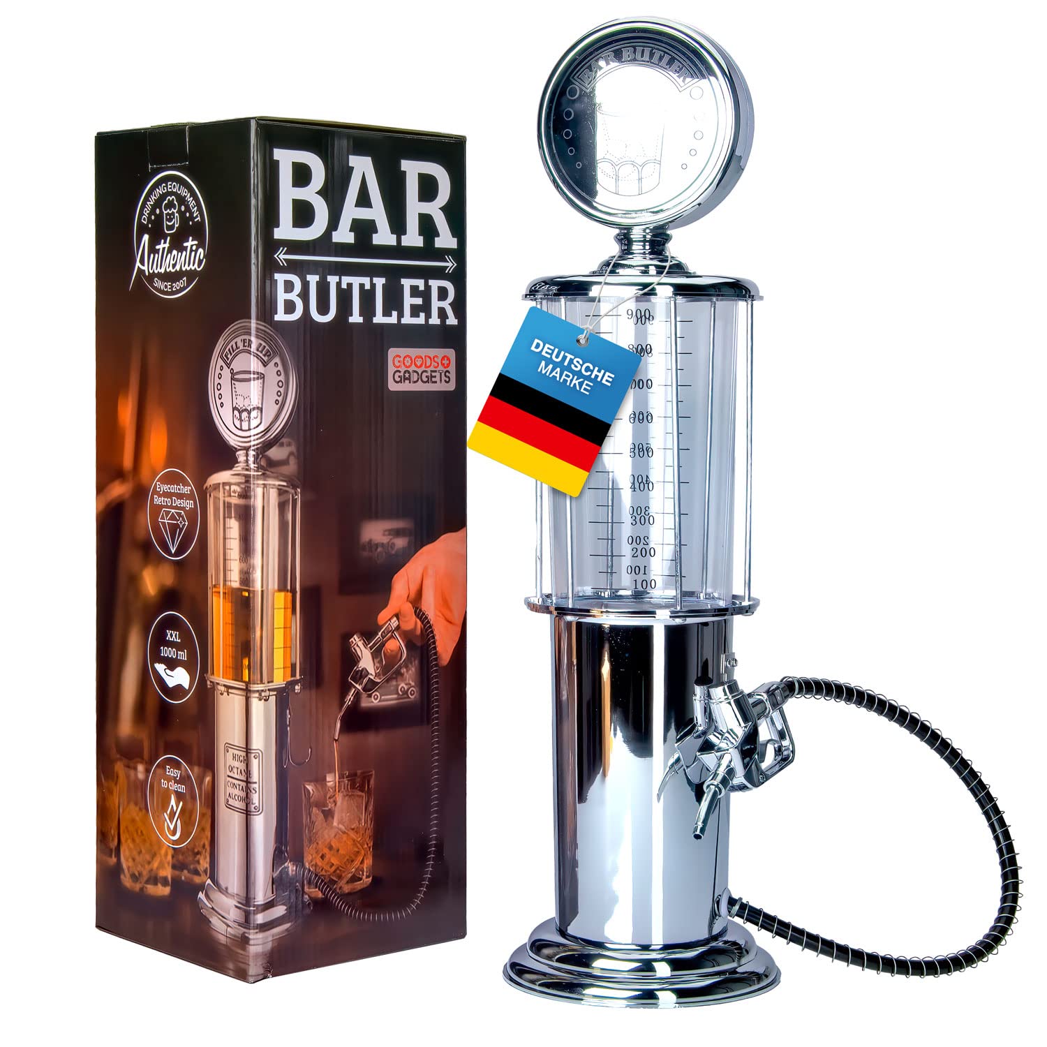 Retro Getränkespender im verchromten Nostalgie Design | Bar-Butler Zapfsäule mit Zapf-Schlauch für Party Getränke Dispenser Biertower Bierspender Zapfanlage Biersäule Schanksäule | Party Gadgets 1 X Zapfsäule Angebot bei HelloDeals