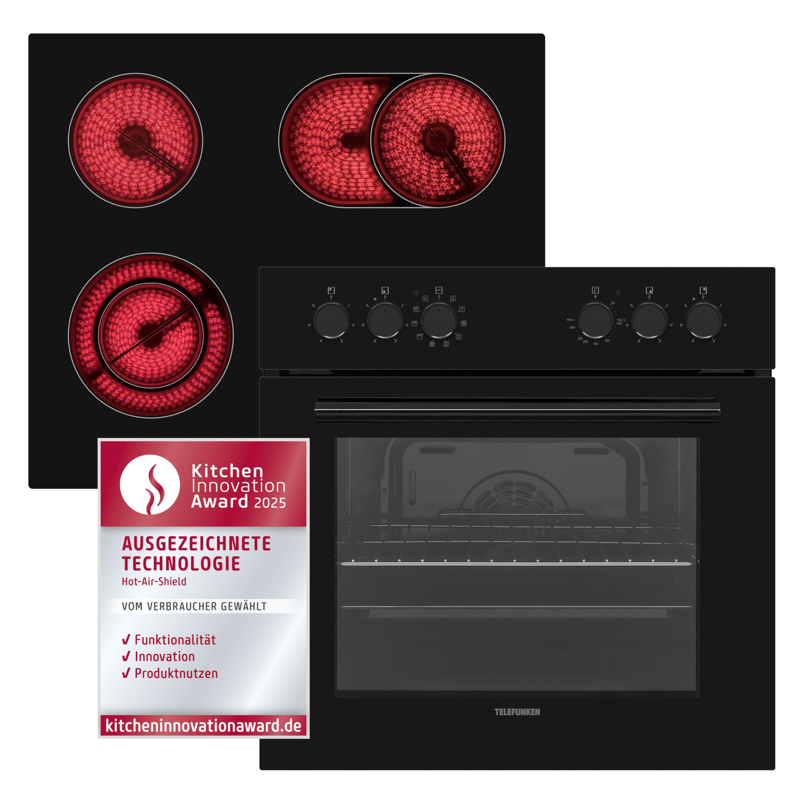 Telefunken ECHS65A-B2 Einbauherd-Set | Elektro-Herd-Kochfeld-Kombination | Backofen mit Grill und Umluft | Rahmenloses Glaskeramik-Kochfeld mit 4 Zonen | Hot Air Shield | 65 Liter | 60 cm | Edelstahl Mit Hot Air Shield Angebot bei HelloDeals