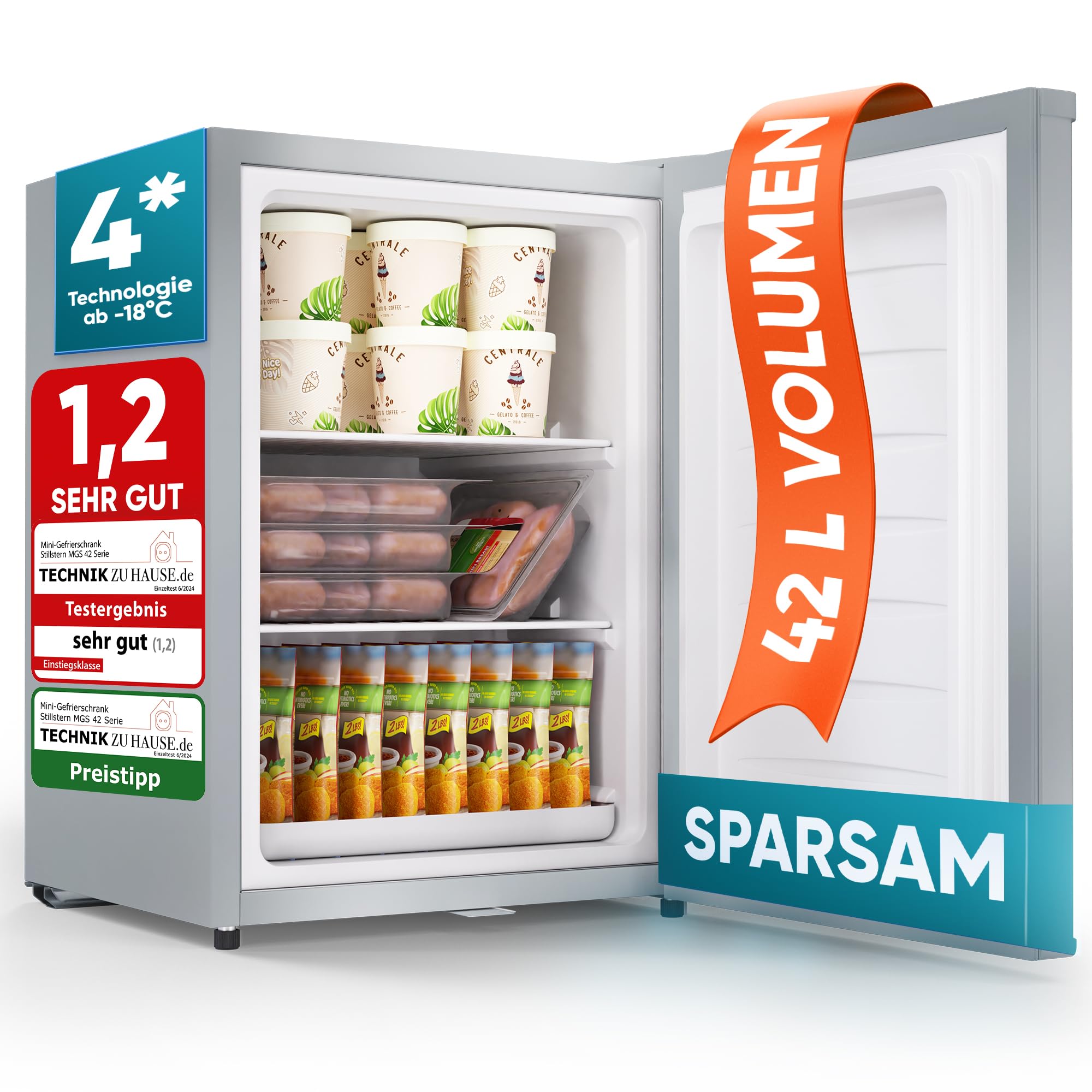 Stillstern Mini Gefrierschrank (42L) -18°C, Eiswürfelschale, Schloss, Türanschlag wechselbar, 4-Sterne Tiefkühlschrank für Camping/Büro Gefriertruhe Klein Gefrierschrank Klein Tiefkühltruhe Silber Angebot bei HelloDeals