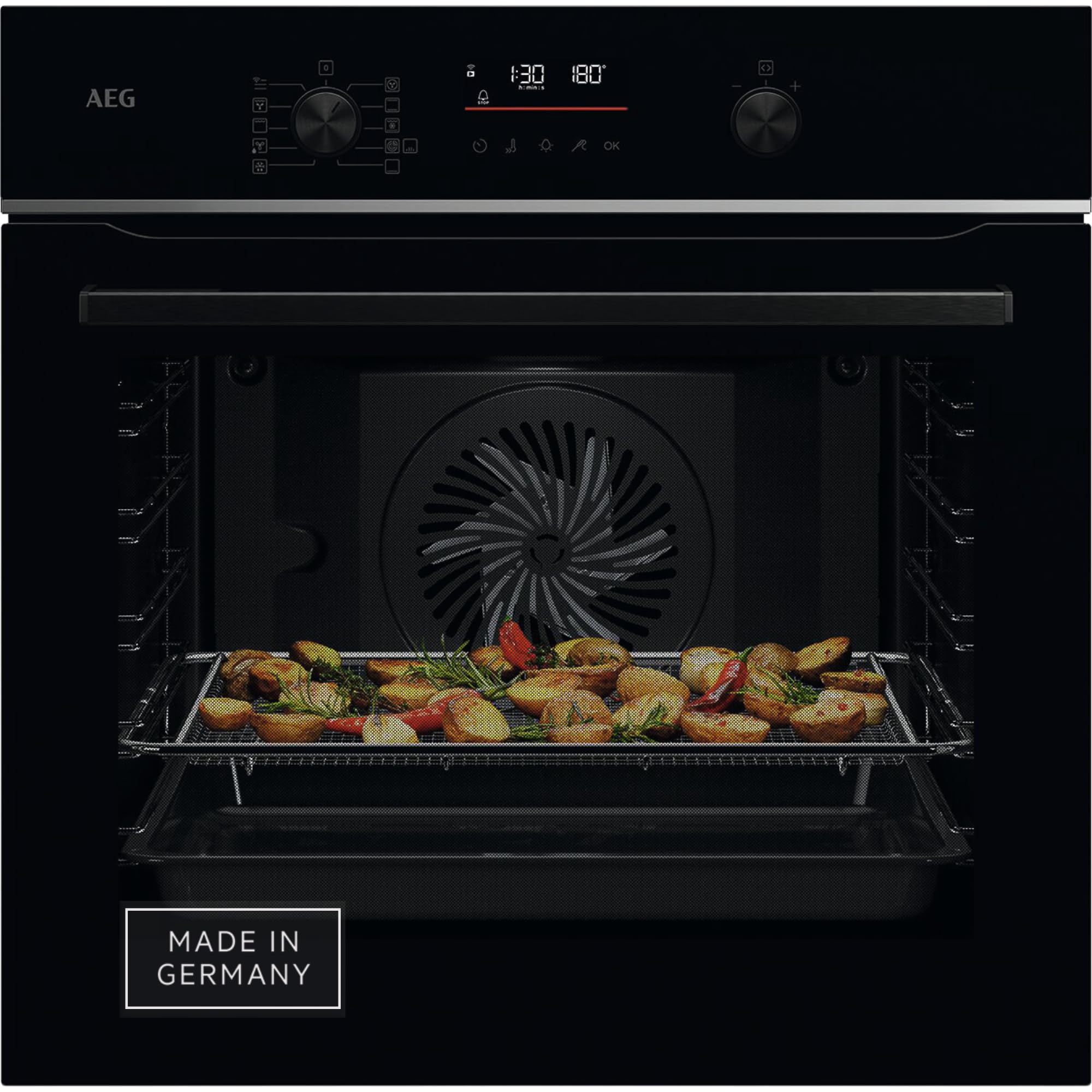 AEG Wifi Einbaubackofen, Serie 6 LED-Touchdisplay, Made in Germany, Pyrolyse Selbstreinigung, Kerntemperatursensor: Für Punktgenaues Garen, AirFry, 45 Automatikprogramme, Schwarz, TS6PB50WAB 6er | LED-Display | ohne Dampf | AirFry Modell 2024 Angebot bei HelloDeals