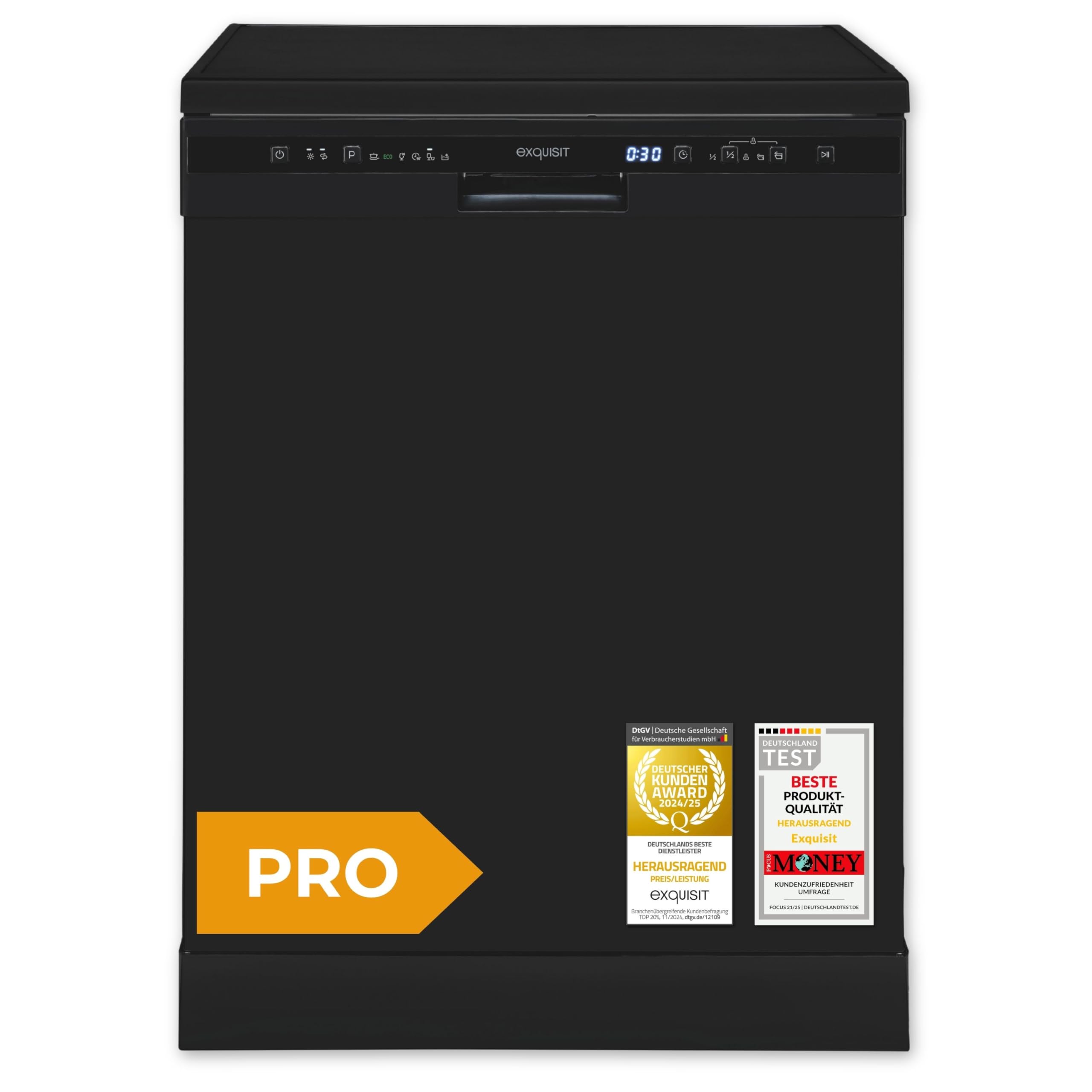 Exquisit PRO Geschirrspüler 60 cm, Unterbaufähig, EEK: C, 14 Maßgedecke, Besteckschublade, Automatische Türöffnung, Startzeitvorwahl, 11 Liter, GSP56314-030C schwarz PRO Schwarz Angebot bei HelloDeals