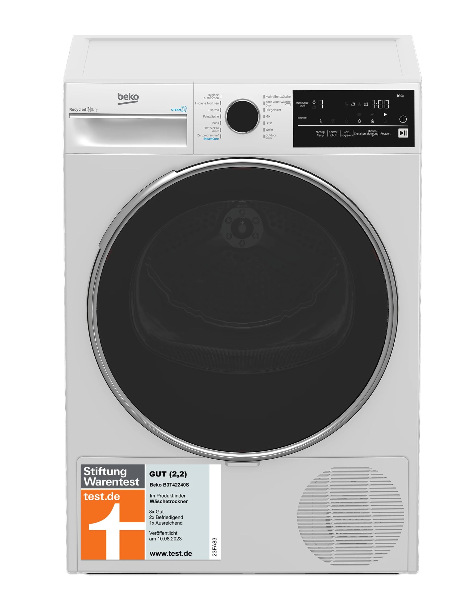 Beko B3T42240S b300 Wärmepumpentrockner, 8 kg, allergikergeeignet, Hygiene Trocknen & Hygiene Auffrischen, SteamCure - Dampffunktion, 14 Programme, Weiß Energieklasse A+++ 8 KG Angebot bei HelloDeals