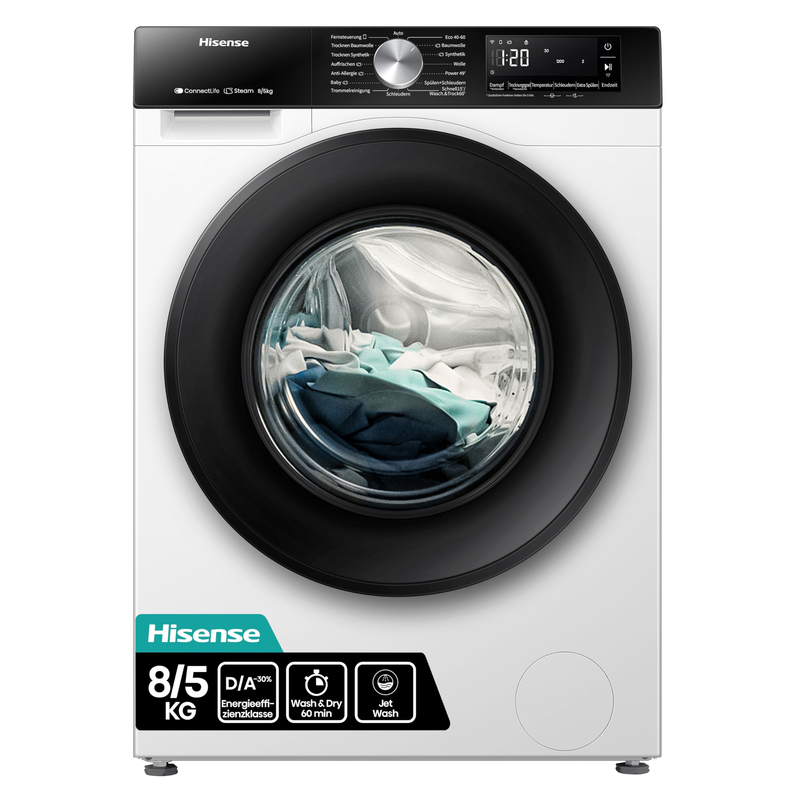 Hisense WD3S8043BW3 Waschtrockner/ConnectLife /16 Programme /8 KG, 54 Liter /1400 U/min/Dampffunktion/JetWash/Anti-Allergie Program/Auto Program/Eco Wash/Steam Refresh/Wolle/EEK A-D 8 Waschtrockner Weiß Angebot bei HelloDeals