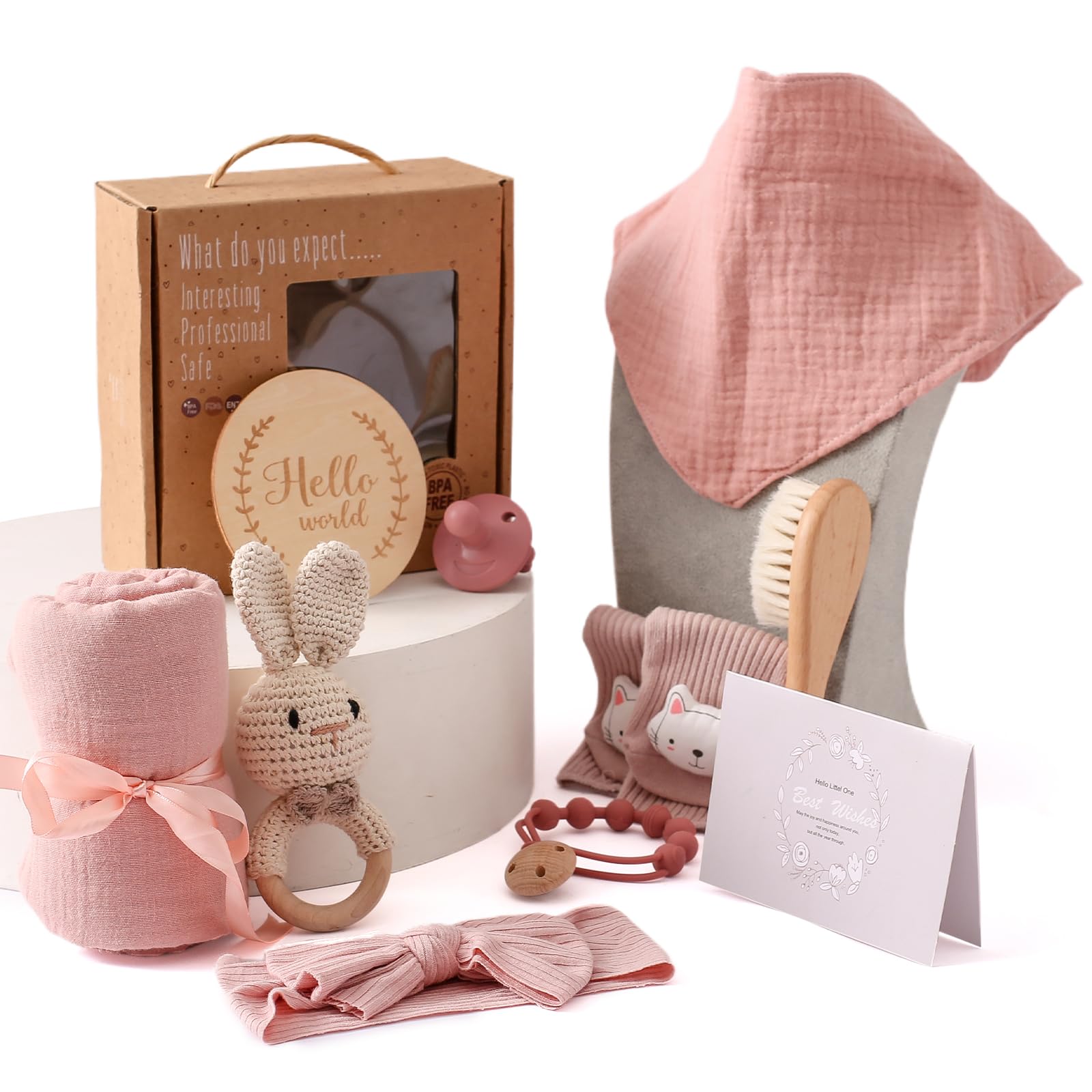 WOODEN TEETHER 10-Teilig Baby Geschenk Mädchen Set, Geschenk Mädchen Junge für Neugeborene, Badetücher, Schnullerkette, Rassel, Meilensteinkarten, Lätzchen, Socke, Bürste, Babyparty(Rosa) Bath Sets Pink Angebot bei HelloDeals