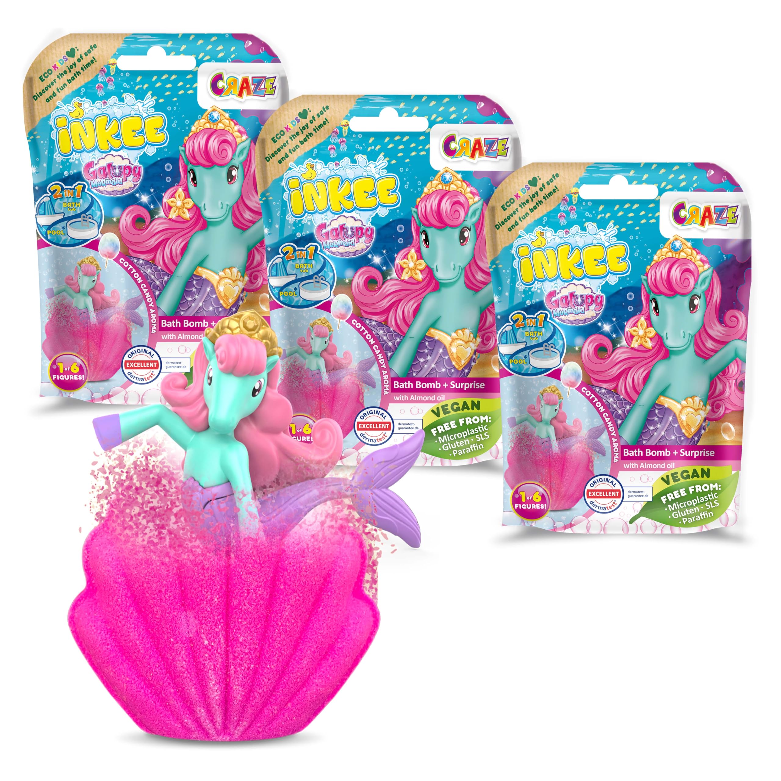 INKEE Surprise GALUPY MERMAID | 3er Pack Badebomben Kinder mit Überraschung, 3x Meerjungfrau Badekugeln kinder mit Zuckerwatte Aroma, Einhorn Spielzeug, 3X Galupy Mermaid Angebot bei HelloDeals