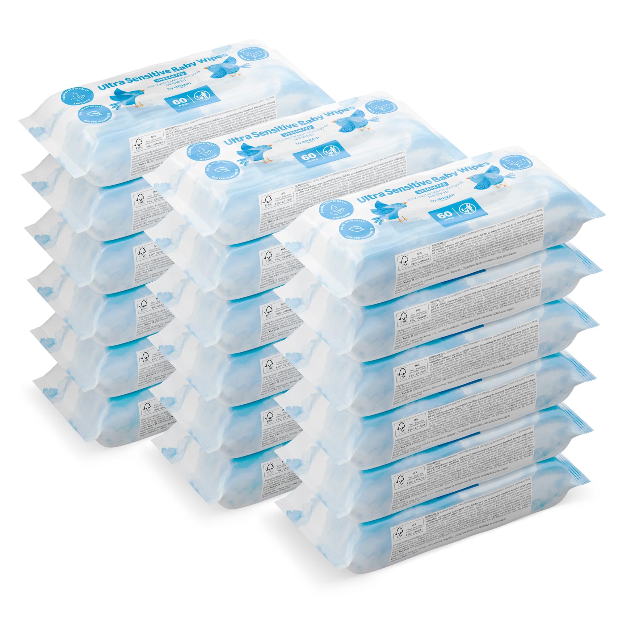 by Amazon Ultrasensitive Babyfeuchttücher, 100% pflanzliche Fasern, 99% Wasser, 1080 Tücher, Unparfümiert, 18 Packungen à 60 Stück (zuvor unter der Marke Mama Bear geführt, identisches Produkt) 60 stück (18er Pack) Angebot bei HelloDeals