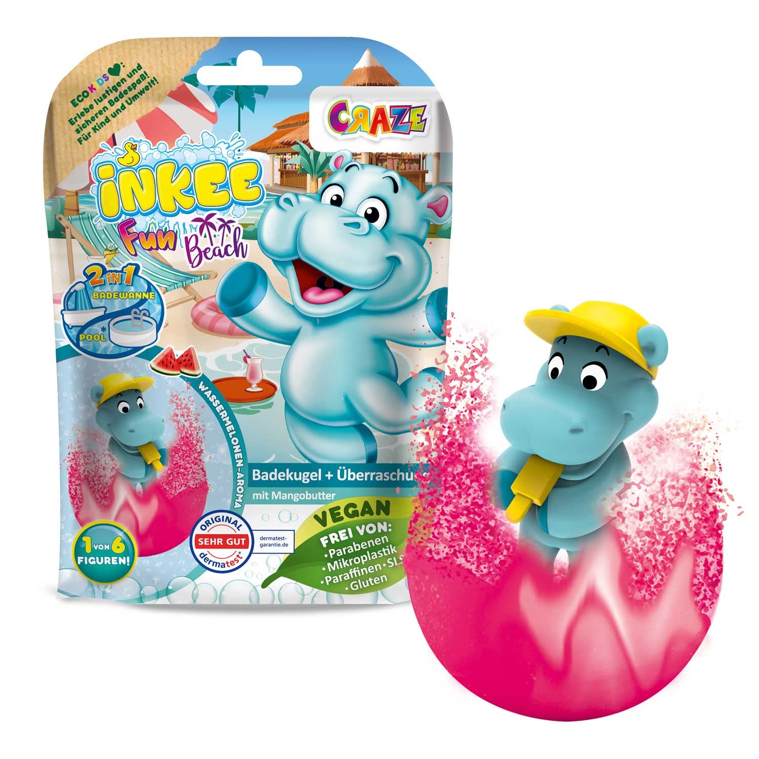 INKEE FUN BEACH | Badekugel Kinder mit Überraschung, Badebombe Kinder mit Hippo Stempel, Mit Mangobutter & Wassermelone-Duft 1x Fun Beach Angebot bei HelloDeals