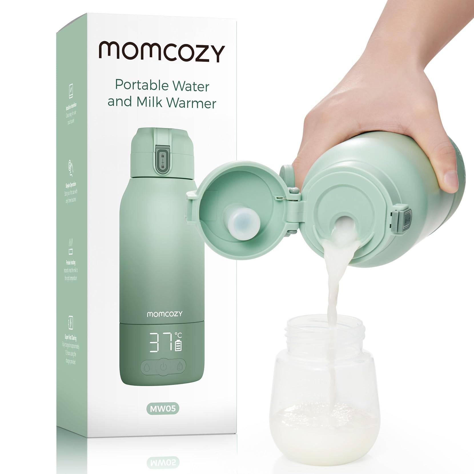 Momcozy Tragbarer Flaschenwärmer Baby für unterwegs, 500ml Kapazität + 24x Nutzung/Akku | 2 Heizmodi für Muttermilch & Wasser | Schnellaufheizen in 3 Min. Grün Angebot bei HelloDeals