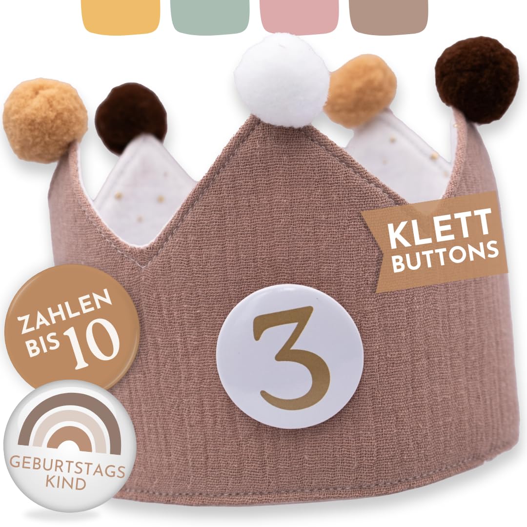 BJORKI® Geburtstagskrone Mädchen & Junge aus Musselin – Klett-Buttons mit Zahlen von 1-10 – Wendbare Krone Geburtstag Mädchen, Krone Geburtstag Junge, Krone Kindergeburtstag, Geburtstag Krone Beige Angebot bei HelloDeals