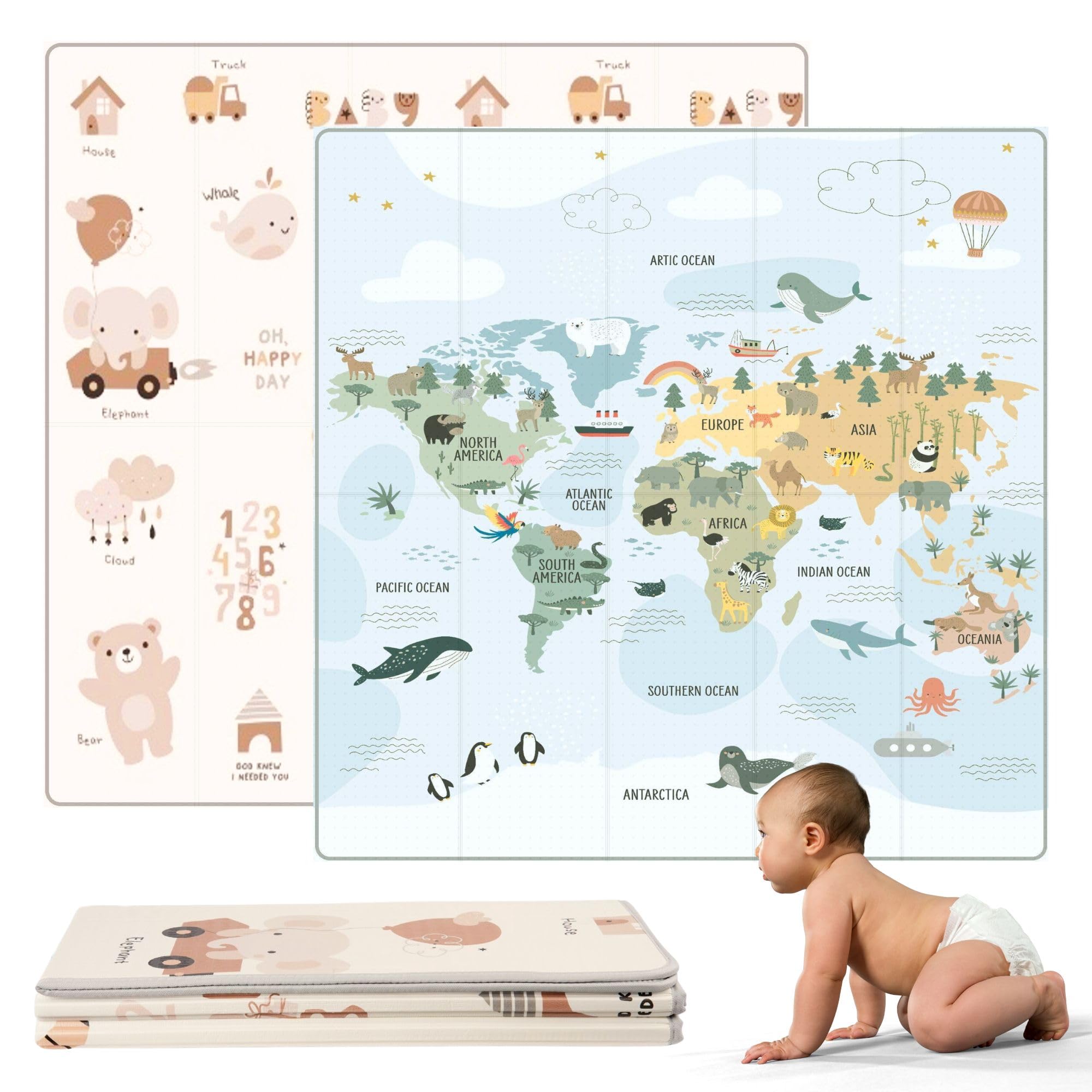 HuBorns - Spielmatte Baby Faltbar 200x180 cm und Wendbar, Krabbelmatte Baby Schadstofffrei mit CE Zertifikat, Play Mat XXL Gepolstert, Spielmatte Rutschfest und Wasserdicht (Weltkarte) Weltkarte XL Angebot bei HelloDeals