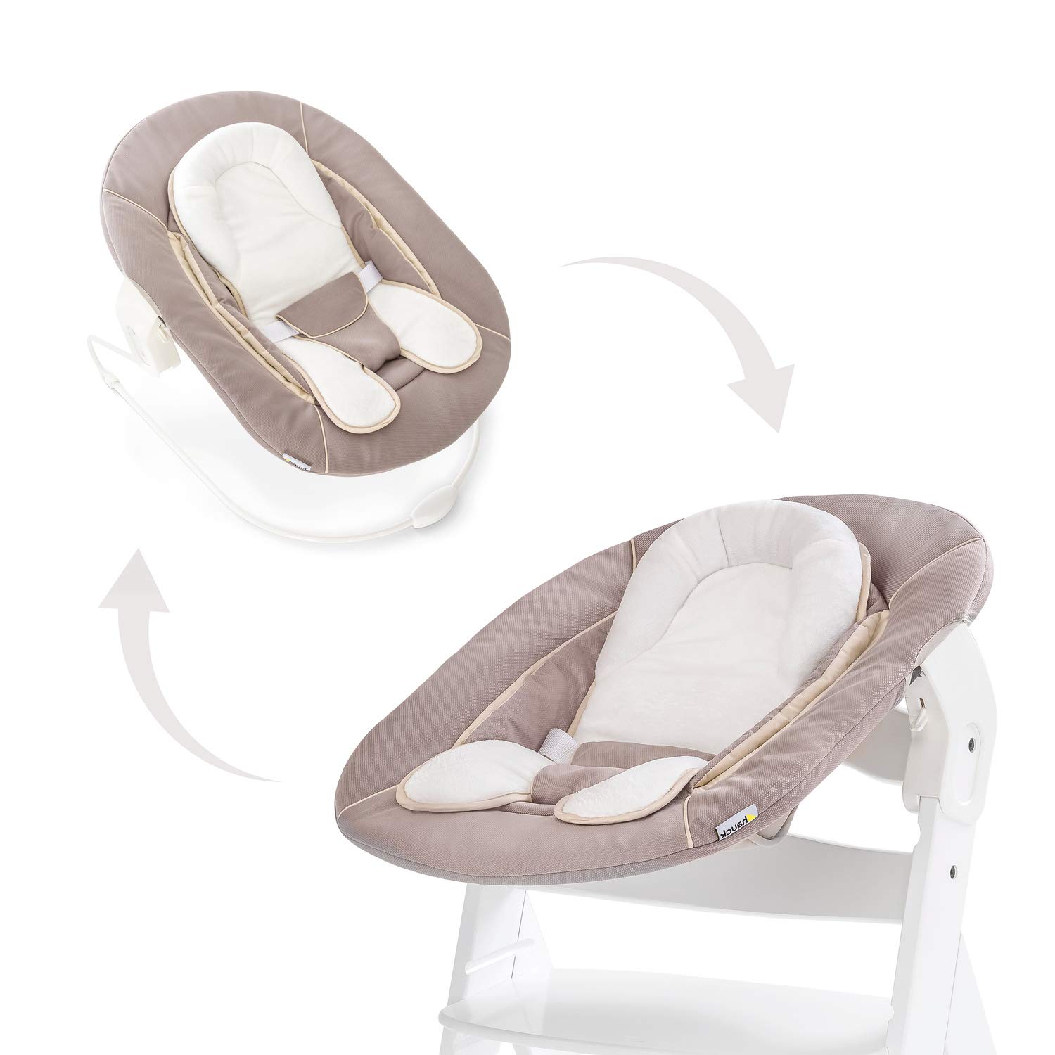 hauck 2in1 Babywippe & Neugeborenenaufsatz für Alpha+ & Beta+ Holzhochstuhl Alpha Bouncer 2in1, für Babys ab Geburt bis 9 kg, mit 3-Punkt-Hüftgurt, Sitzverkleinerer und Wippgestell (Stretch Beige) Stretch Beige 3-Punkt-Gurt Single Angebot bei HelloDeals