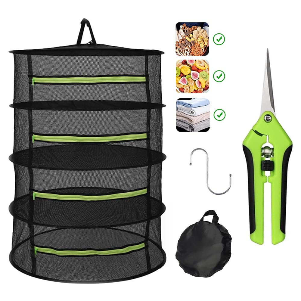 Abiemuce Trockennetz Kräuter, 4-Lagiger Kräutertrockner Hängend, Trockennetz mit Astschere und Haken, Reißverschluss Klappbar Trocknungsnetz, für Kräuter, Pflanze, Gewürze (Grün+Schwarz) (4-Lagiger) Angebot bei HelloDeals