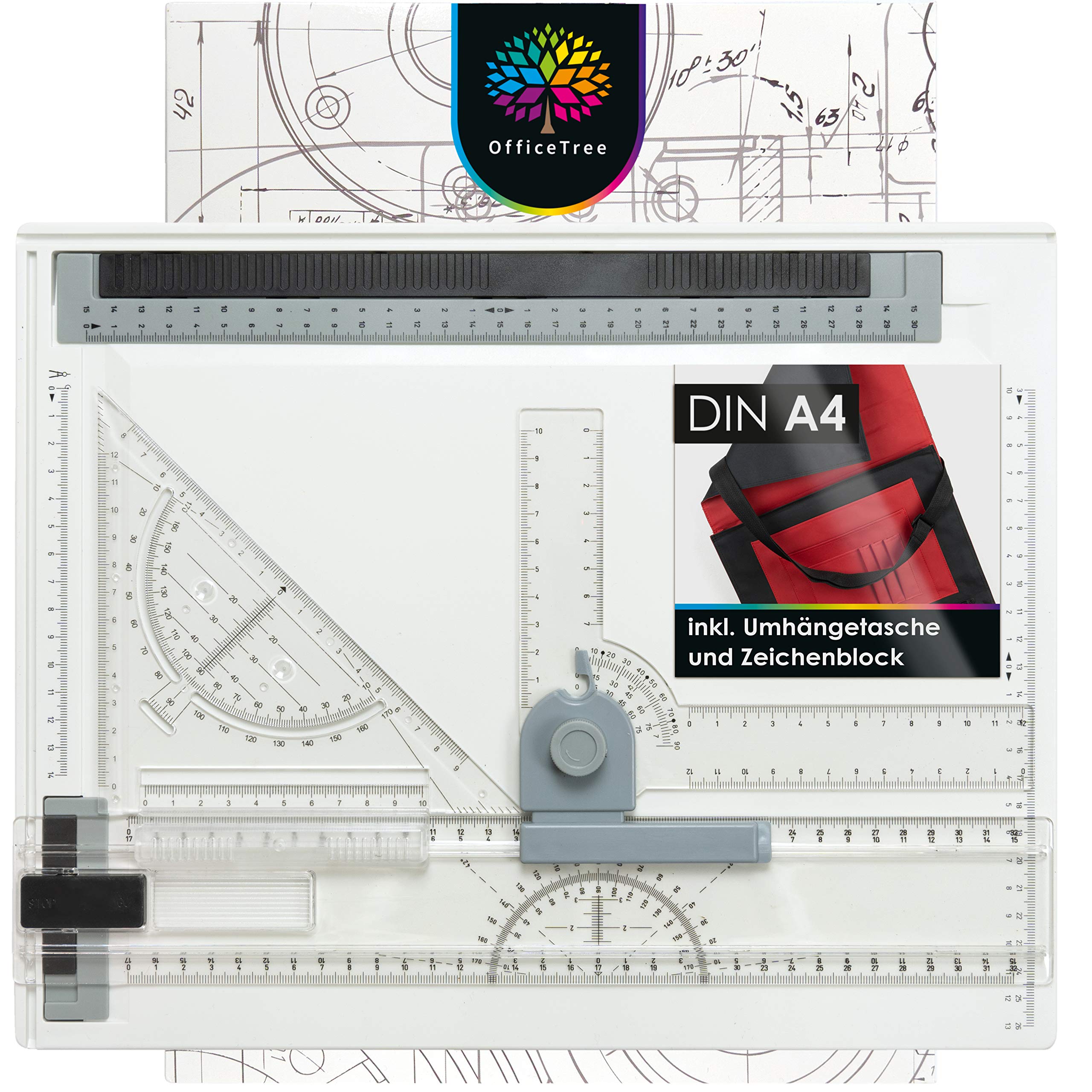 OfficeTree Zeichenplatte A4 - Inkl. Tragetasche, Schiebelineal, Geodreieck uvm. - Zeichenbrett A4 für exaktes Arbeiten - DIN A4 Zeichenplatte, Weiß Angebot bei HelloDeals