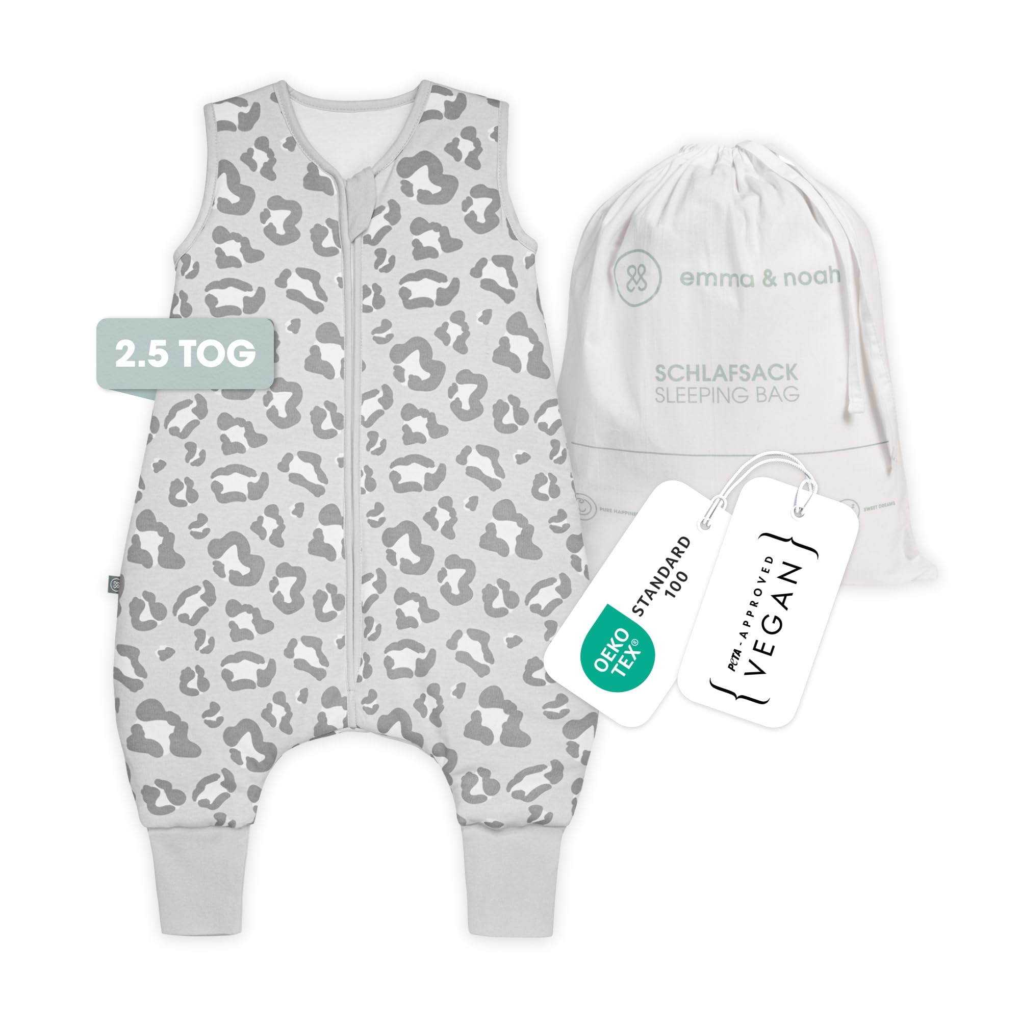 emma & noah Baby Schlafsack mit Füßen 2.5 TOG, Strampelsack für den Herbst und Winter, Bio-Baumwolle, Oeko-TEX Zertifiziert, Kuscheliger Schlafsack für Neugeborere (Leo Grau, 90 cm) 90 Leo Grau Angebot bei HelloDeals