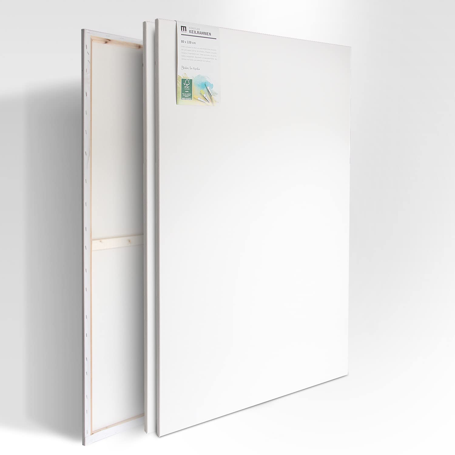 2er-Set Künstler-Leinwand zum Bemalen 80x120cm groß. Die leere, weiße Leinwand aus 100% Baumwolle ist umlaufend gespannt auf FSC® Holz-Keilrahmen mit 17mm Stärke, 280g/m², 2-fach weiß grundiert Angebot bei HelloDeals