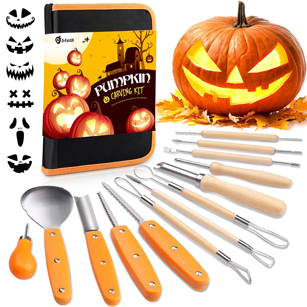 D-FantiX Halloween Kürbis Schnitzset, 13 Stück Professionelles Edelstahl DIY Kürbis Schnitzwerkzeug mit Aufbewahrungstasche und Carving-Schablonen für Kinder Angebot bei HelloDeals